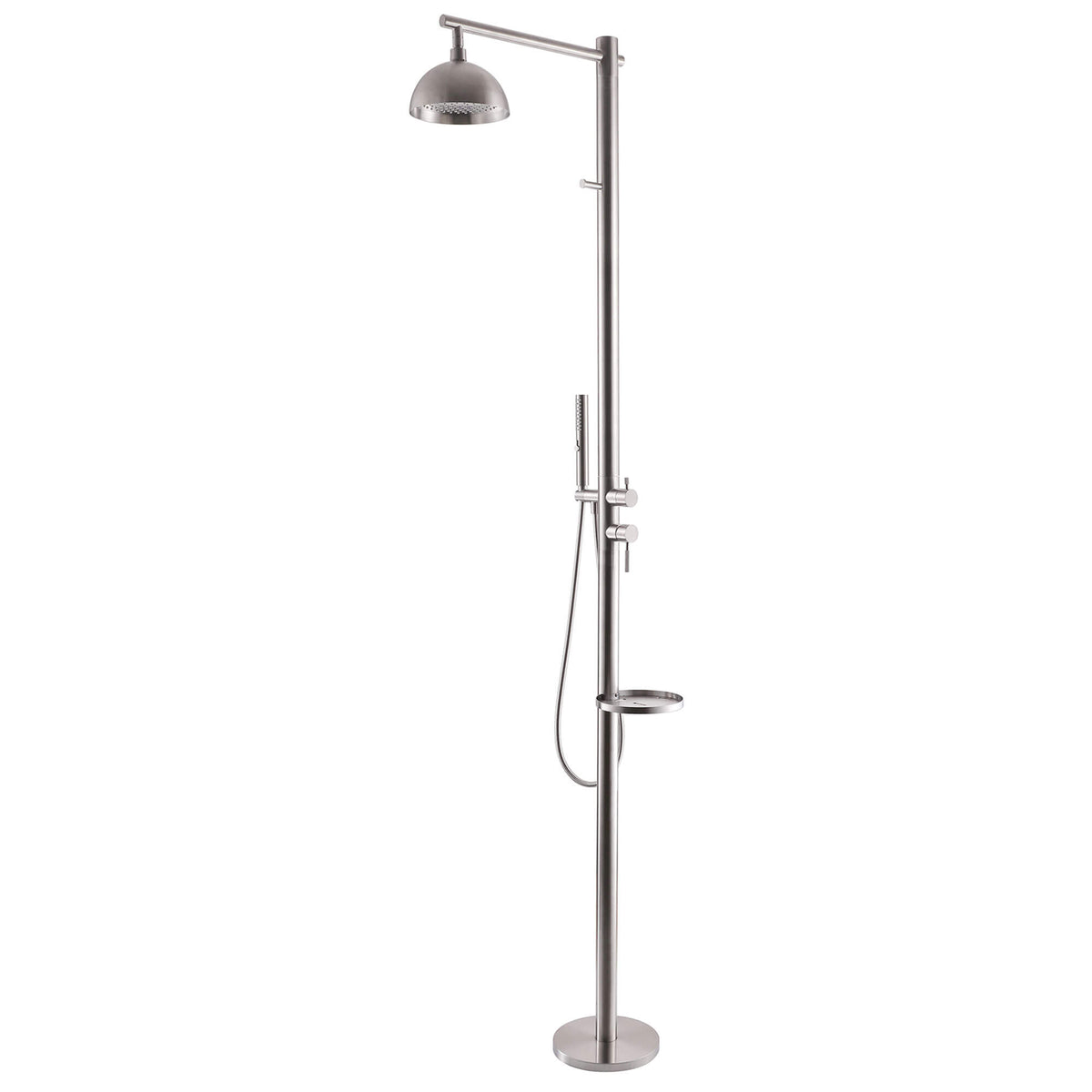 Freestanding 304 Stainless Steel Outdoor Shower with Rainfall Head Hand Shower and Shelf