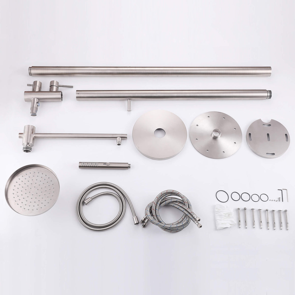Freestanding 304 Stainless Steel Outdoor Shower with Rainfall Head Hand Shower and Shelf
