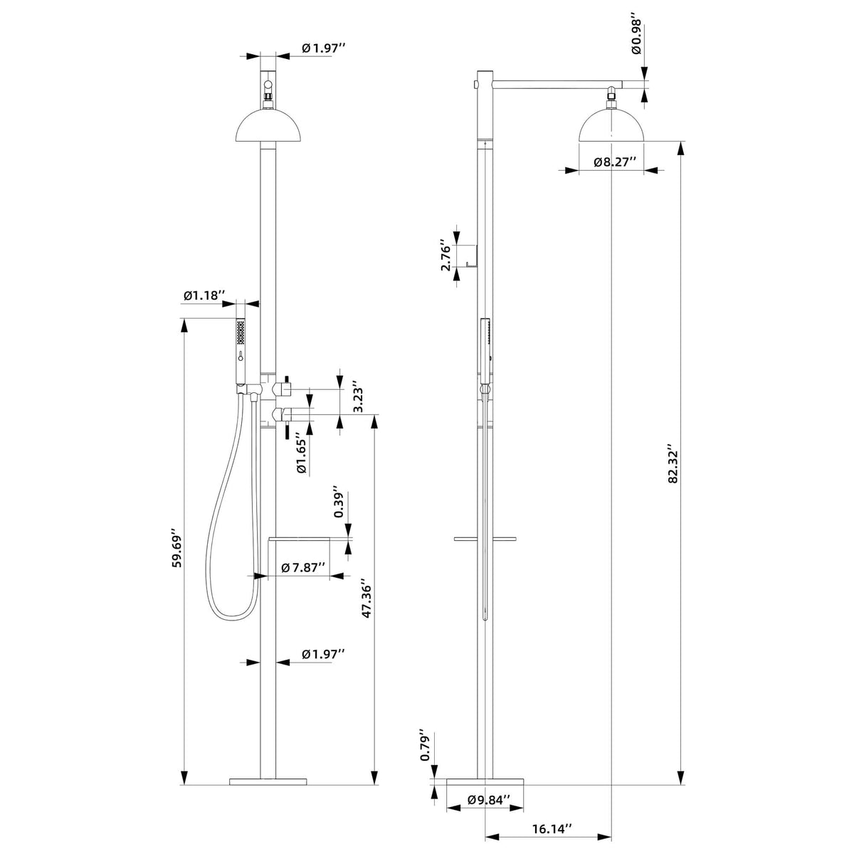Freestanding 304 Stainless Steel Outdoor Shower with Rainfall Head Hand Shower and Shelf