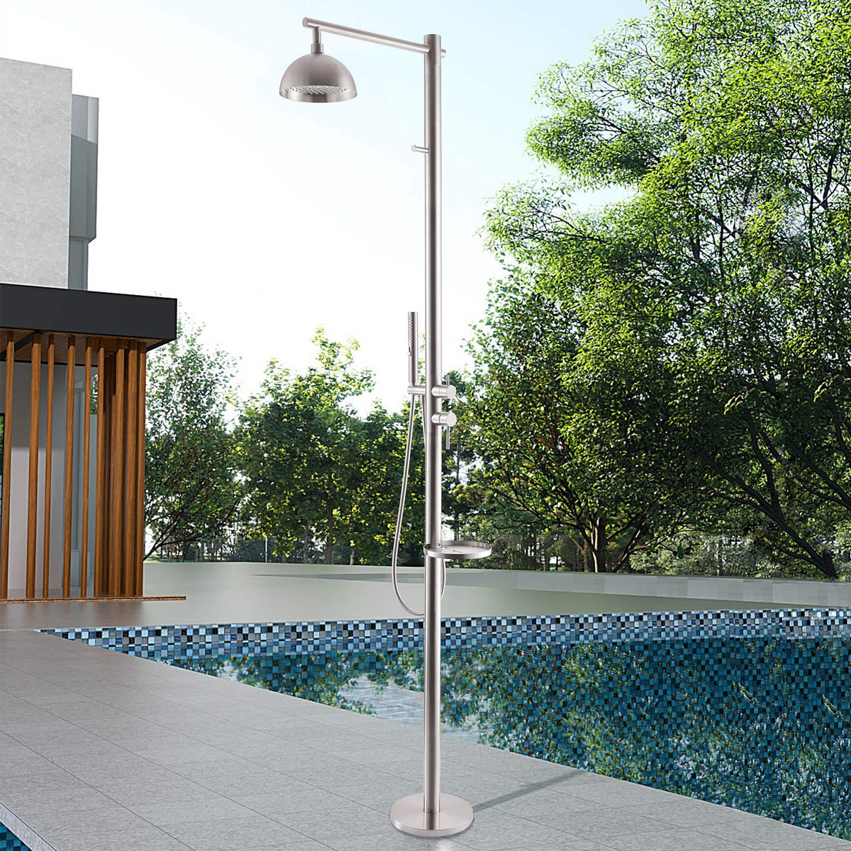 Freestanding 304 Stainless Steel Outdoor Shower with Rainfall Head Hand Shower and Shelf