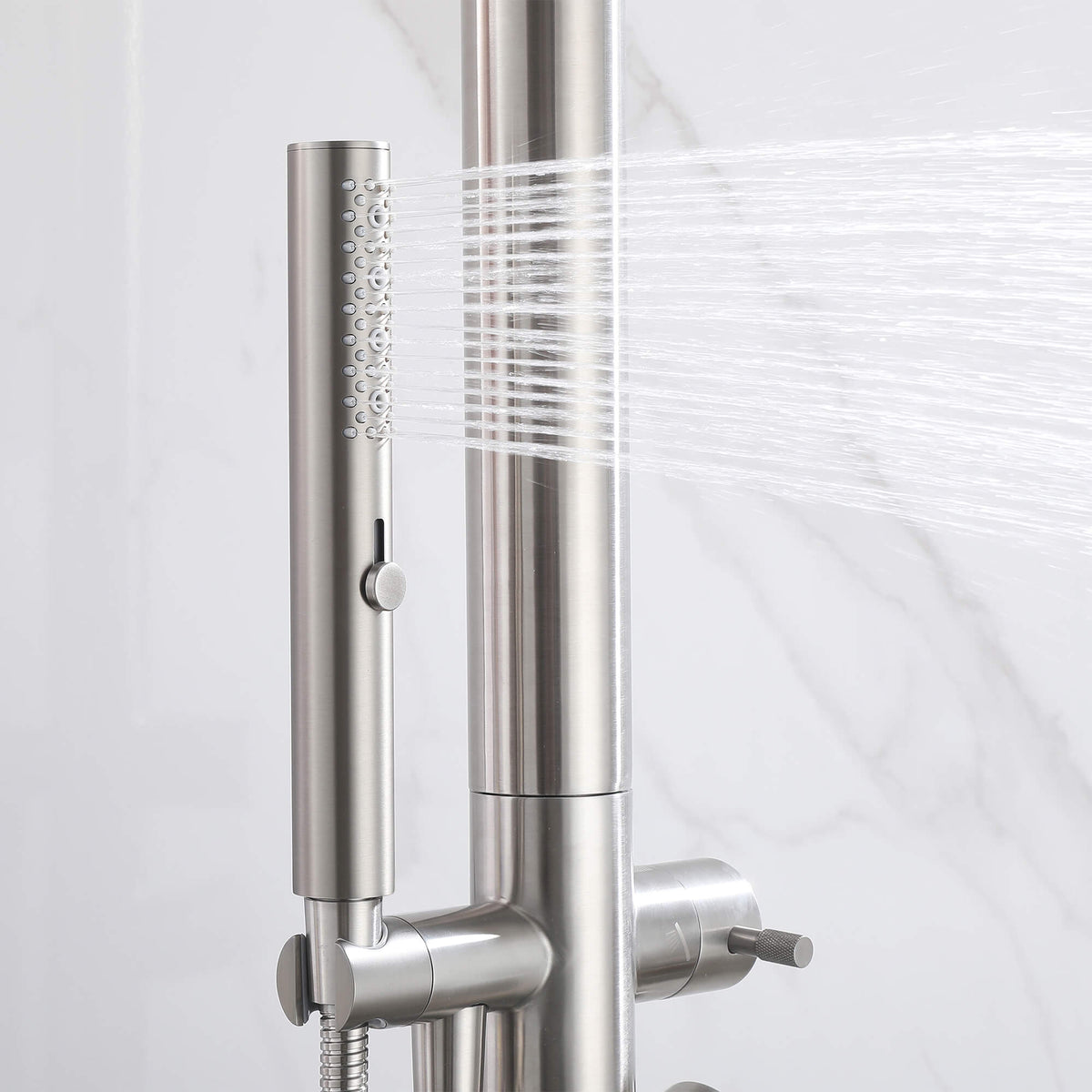 Freestanding 304 Stainless Steel Outdoor Shower with Rainfall Head Hand Shower and Shelf