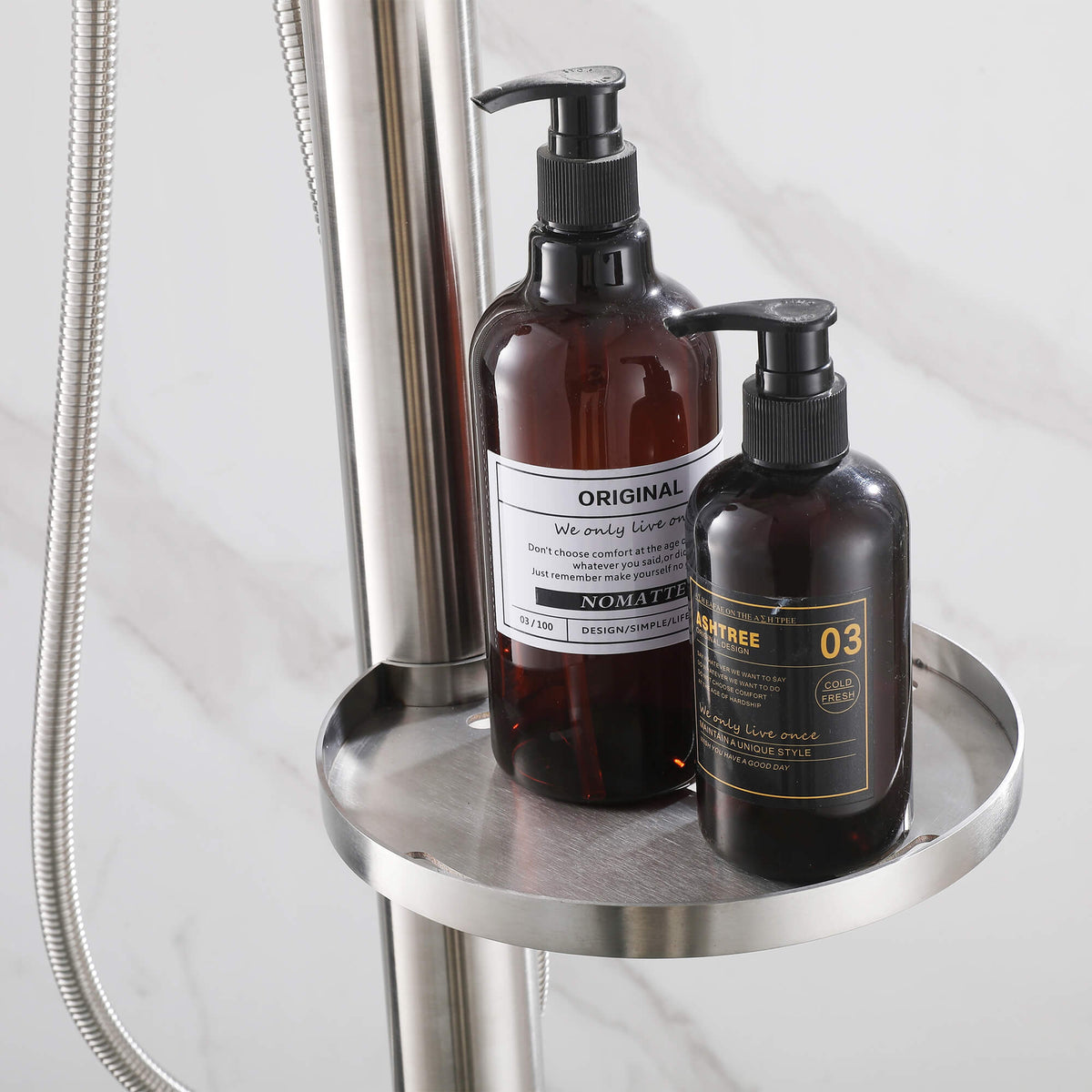 Freestanding 304 Stainless Steel Outdoor Shower with Rainfall Head Hand Shower and Shelf