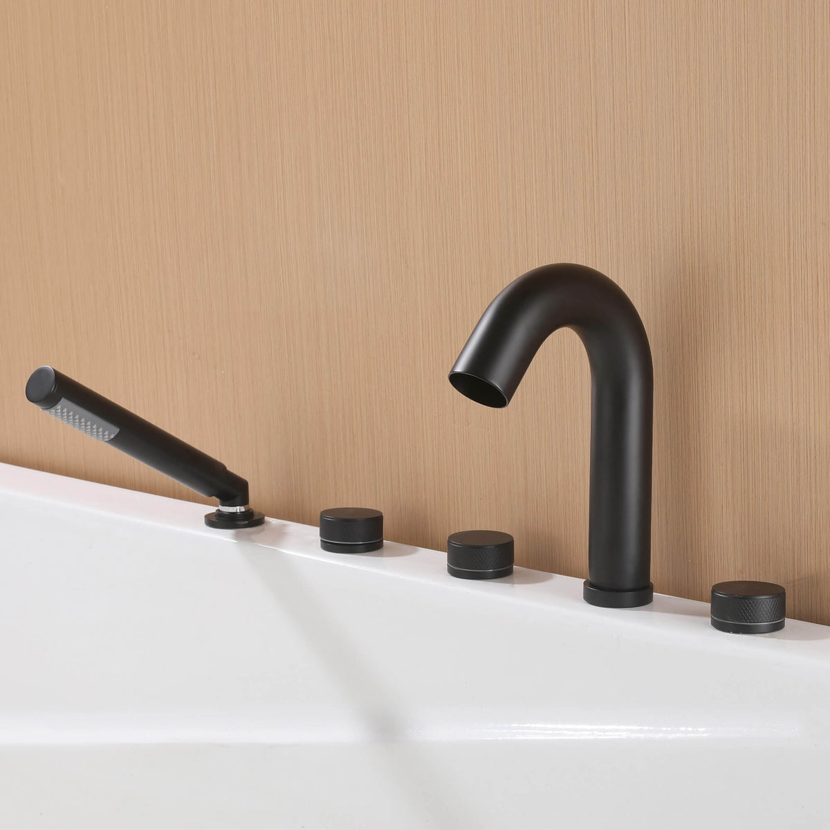 5-Hole Deck-Mount Roman Tub Faucet with Hand Shower and Swivel Tub Spout