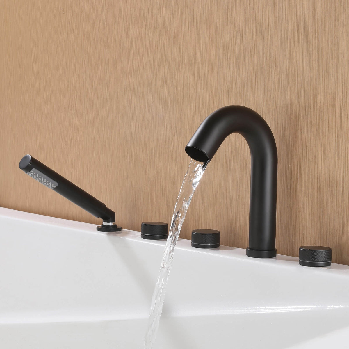 5-Hole Deck-Mount Roman Tub Faucet with Hand Shower and Swivel Tub Spout