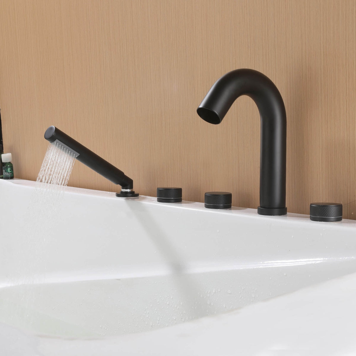 5-Hole Deck-Mount Roman Tub Faucet with Hand Shower and Swivel Tub Spout