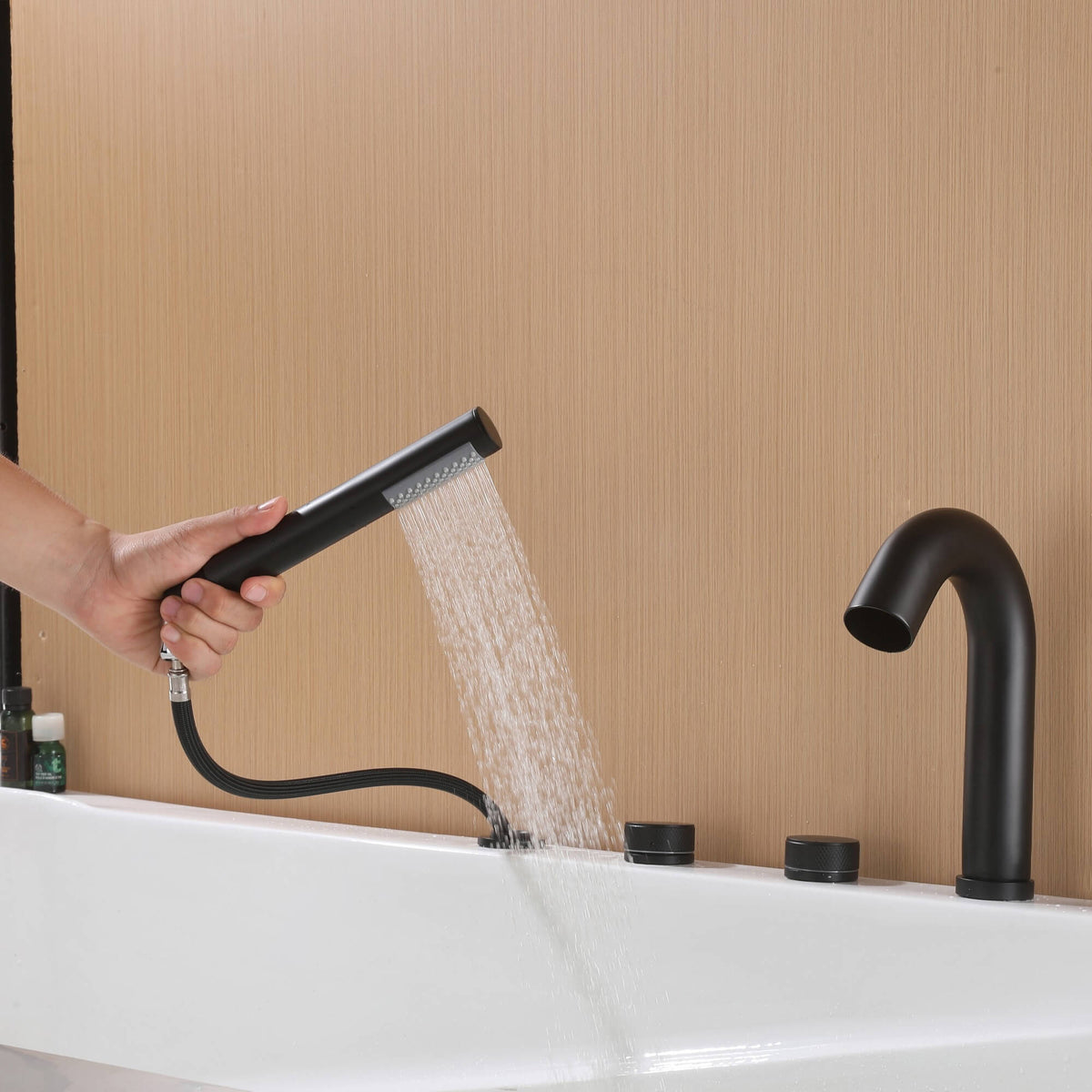5-Hole Deck-Mount Roman Tub Faucet with Hand Shower and Swivel Tub Spout