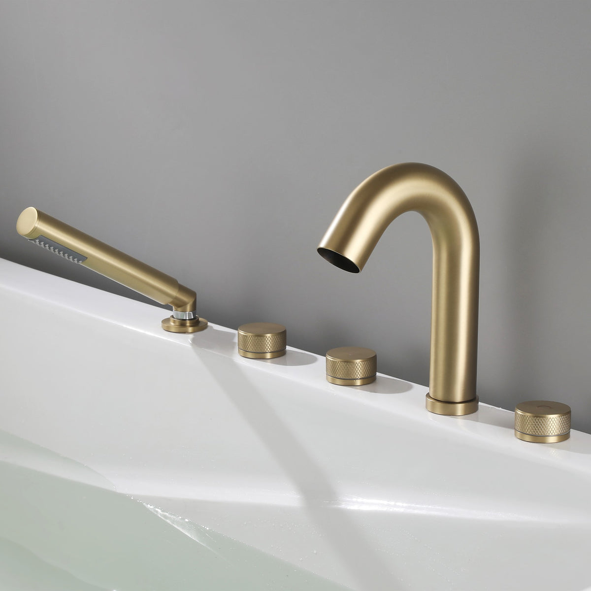5-Hole Deck-Mount Roman Tub Faucet with Hand Shower and Swivel Tub Spout