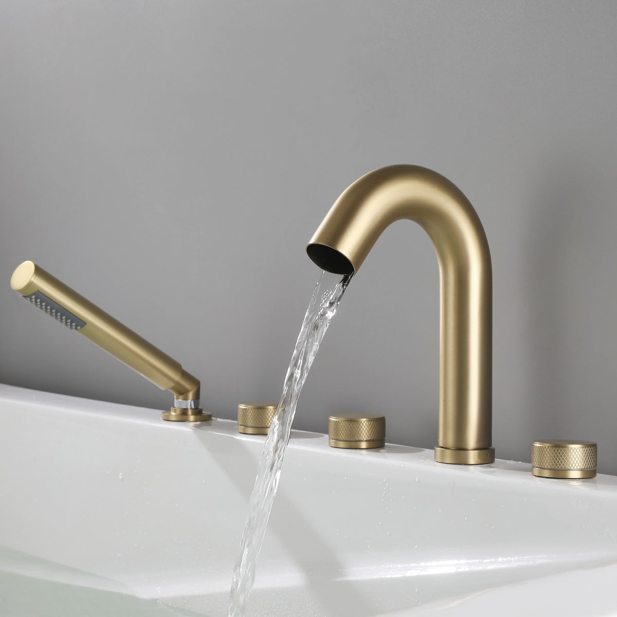 5-Hole Deck-Mount Roman Tub Faucet with Hand Shower and Swivel Tub Spout