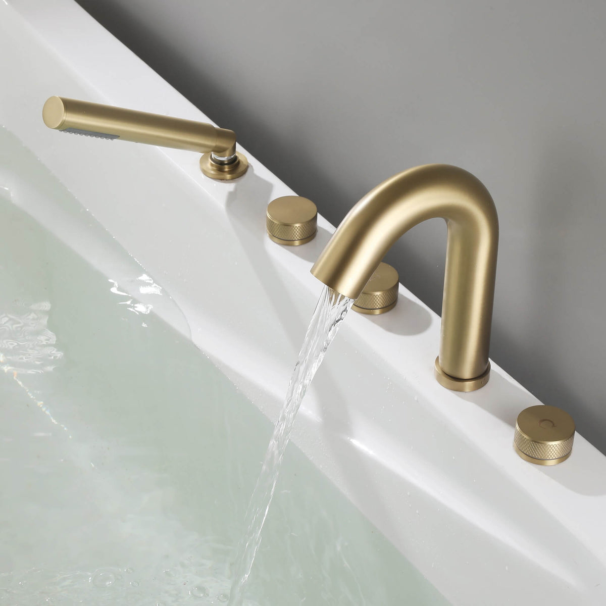 5-Hole Deck-Mount Roman Tub Faucet with Hand Shower and Swivel Tub Spout