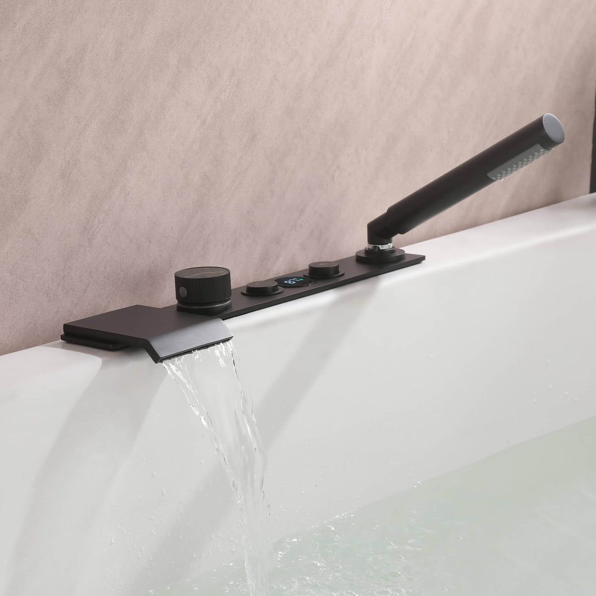 Digital Temperature Display Deck-Mounted Waterfall Tub Faucet with Hand Shower