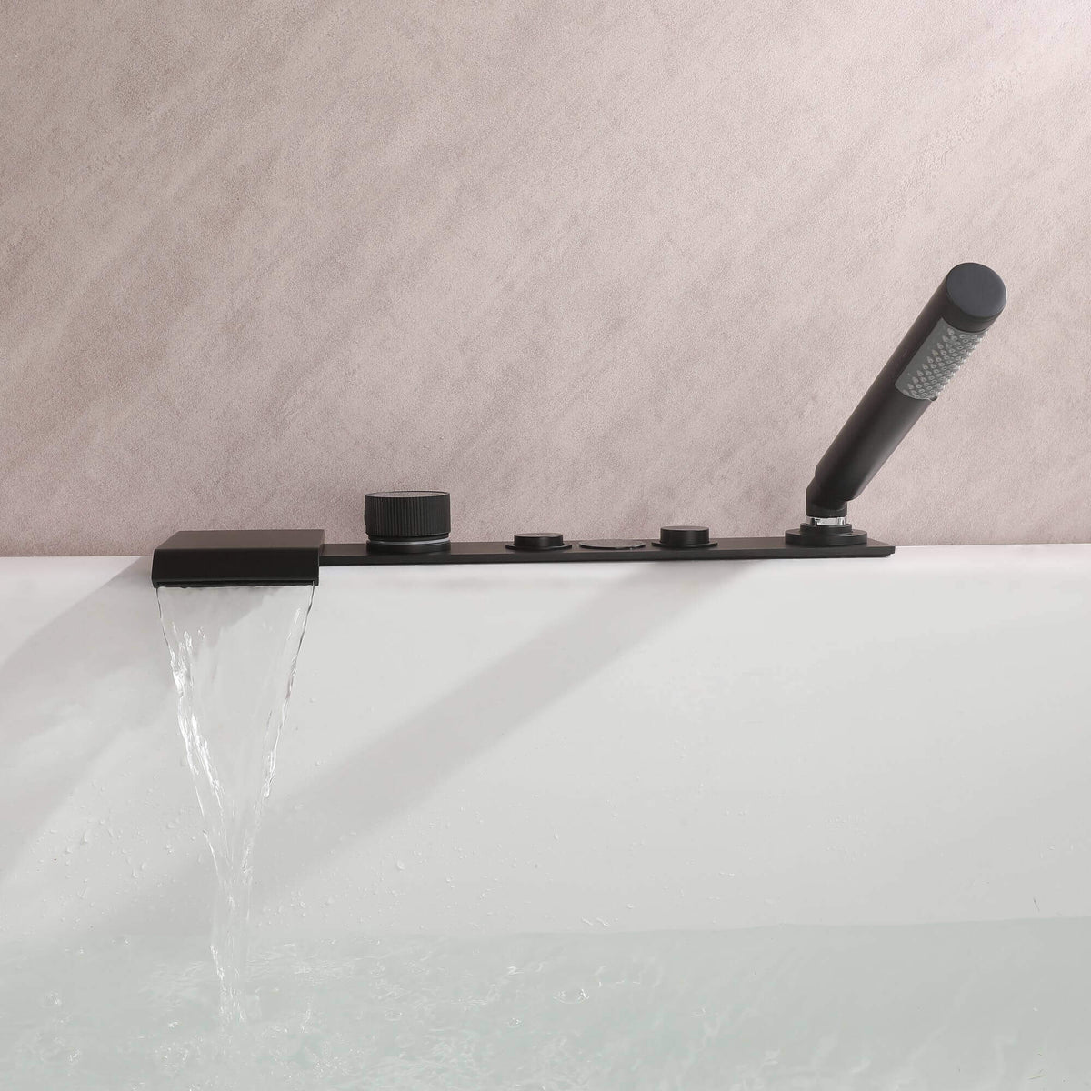 Digital Temperature Display Deck-Mounted Waterfall Tub Faucet with Hand Shower