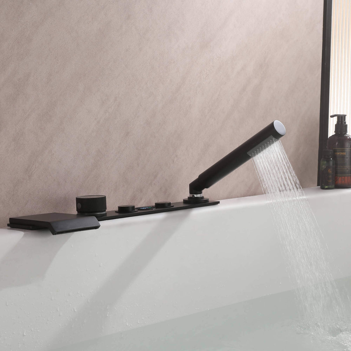 Digital Temperature Display Deck-Mounted Waterfall Tub Faucet with Hand Shower