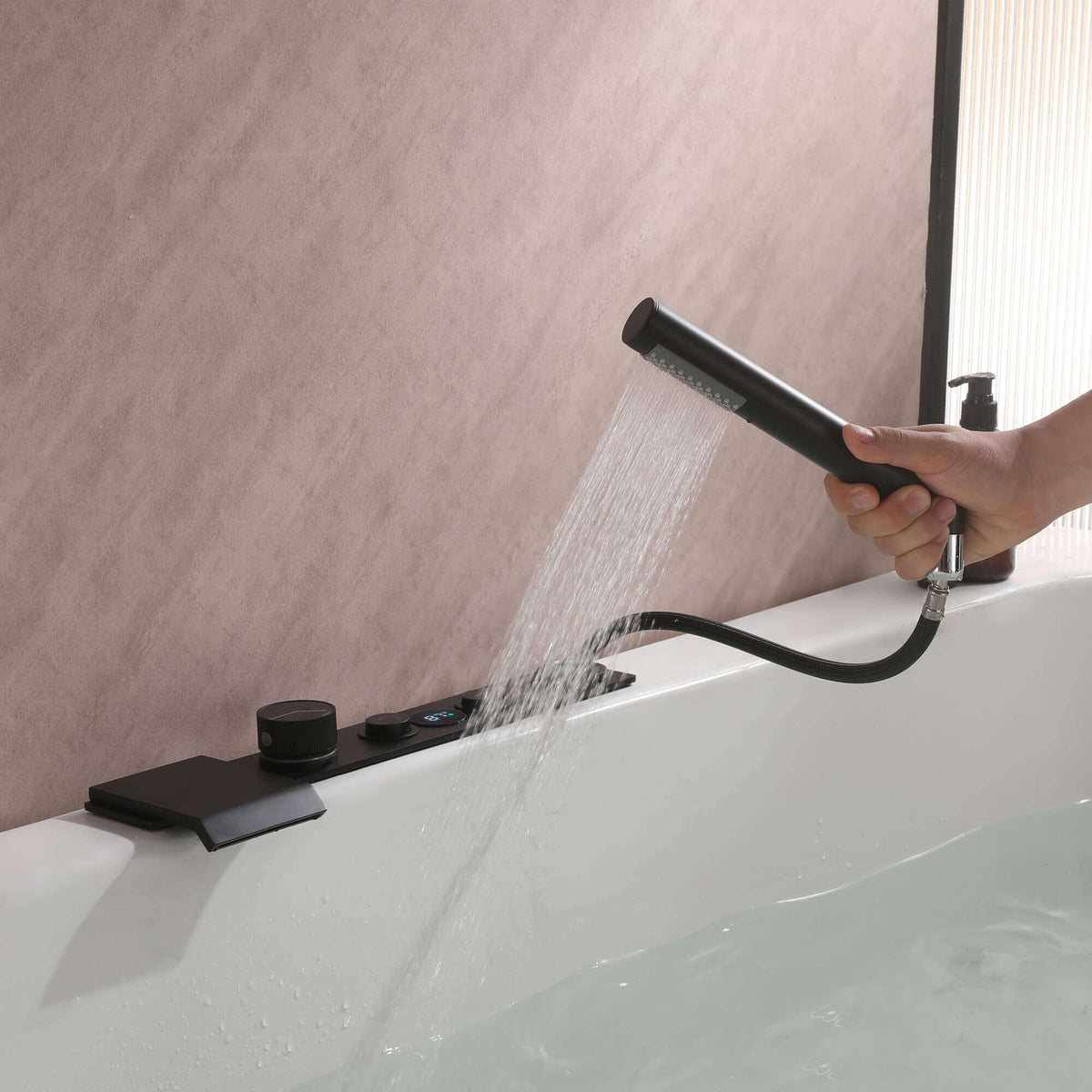 Digital Temperature Display Deck-Mounted Waterfall Tub Faucet with Hand Shower