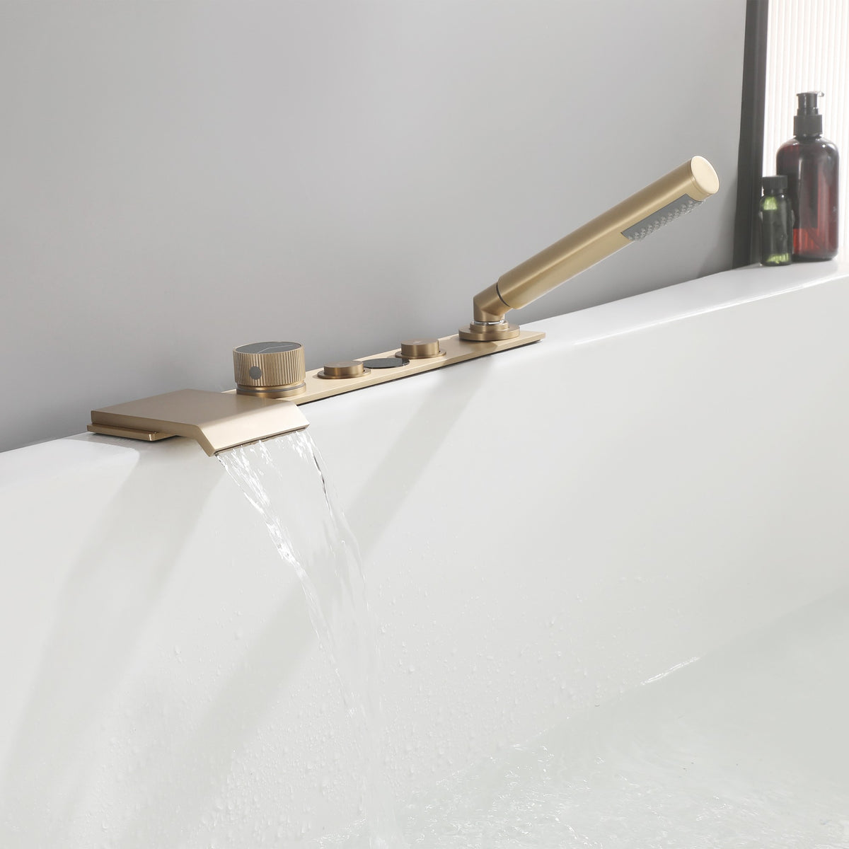 Digital Temperature Display Deck-Mounted Waterfall Tub Faucet with Hand Shower