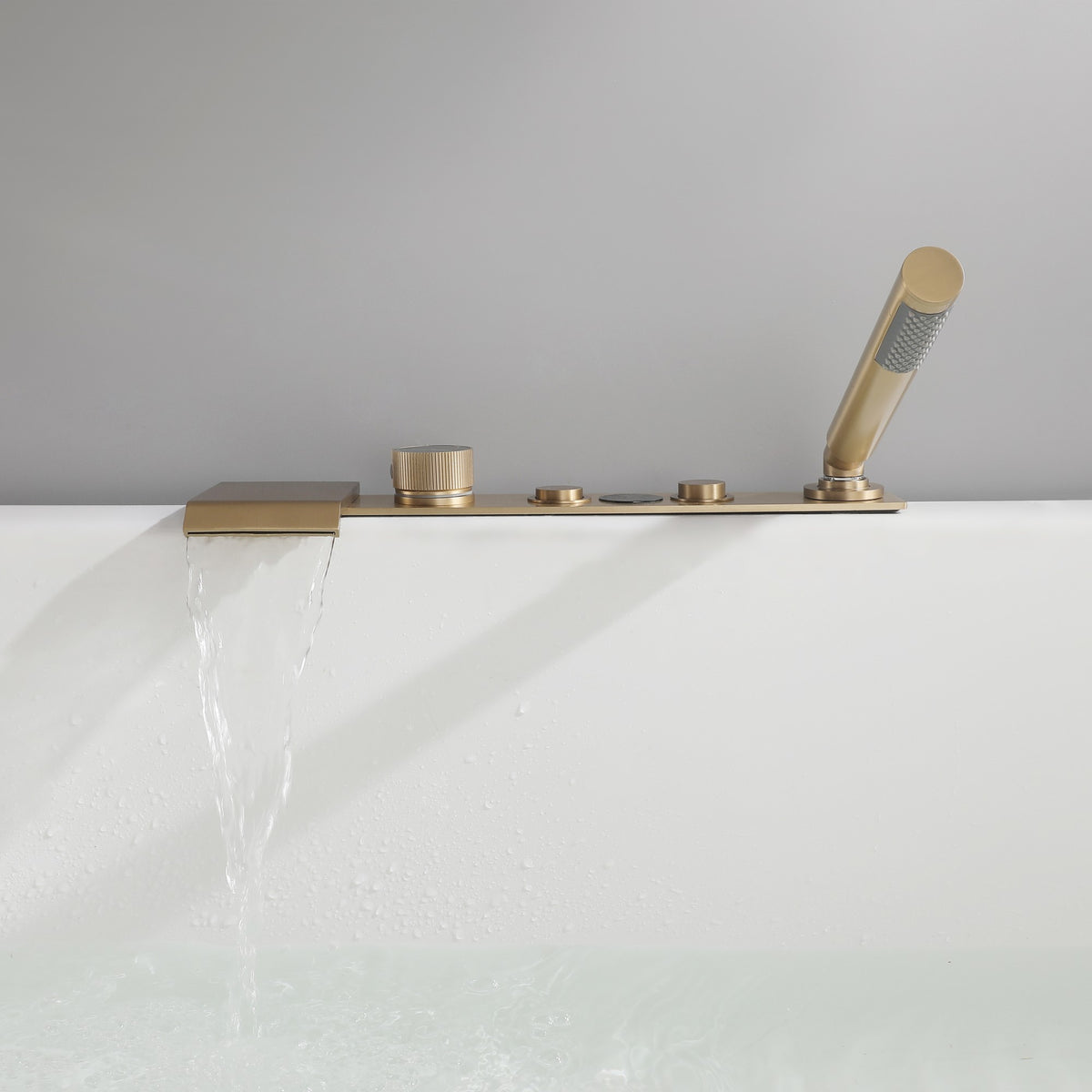 Digital Temperature Display Deck-Mounted Waterfall Tub Faucet with Hand Shower