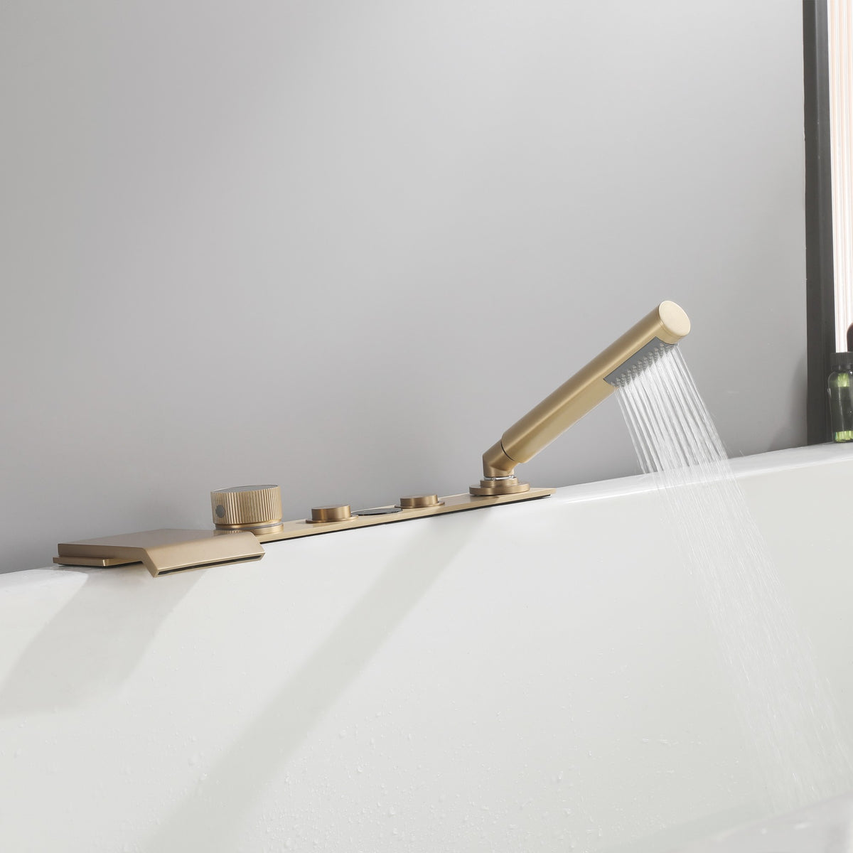 Digital Temperature Display Deck-Mounted Waterfall Tub Faucet with Hand Shower