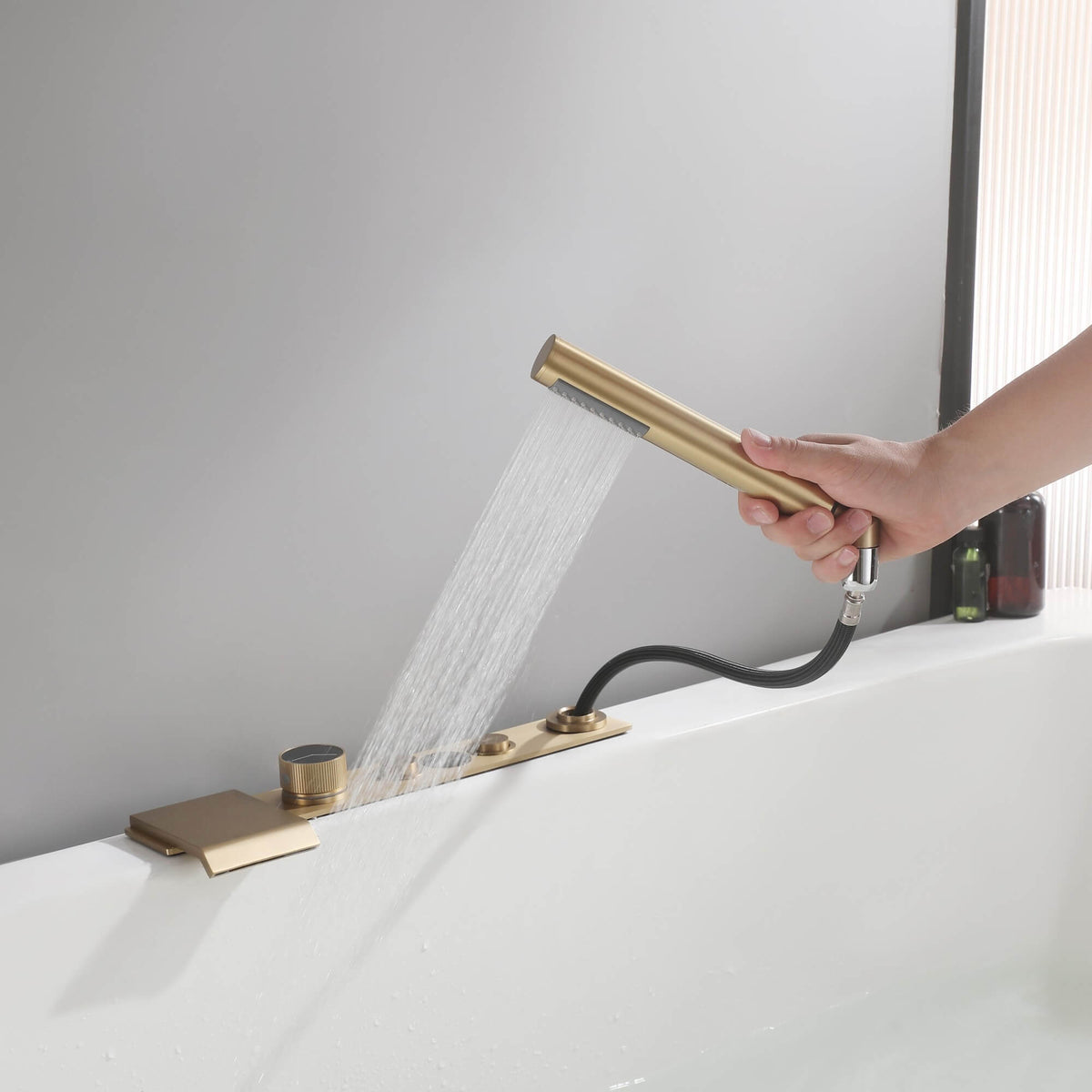 Digital Temperature Display Deck-Mounted Waterfall Tub Faucet with Hand Shower