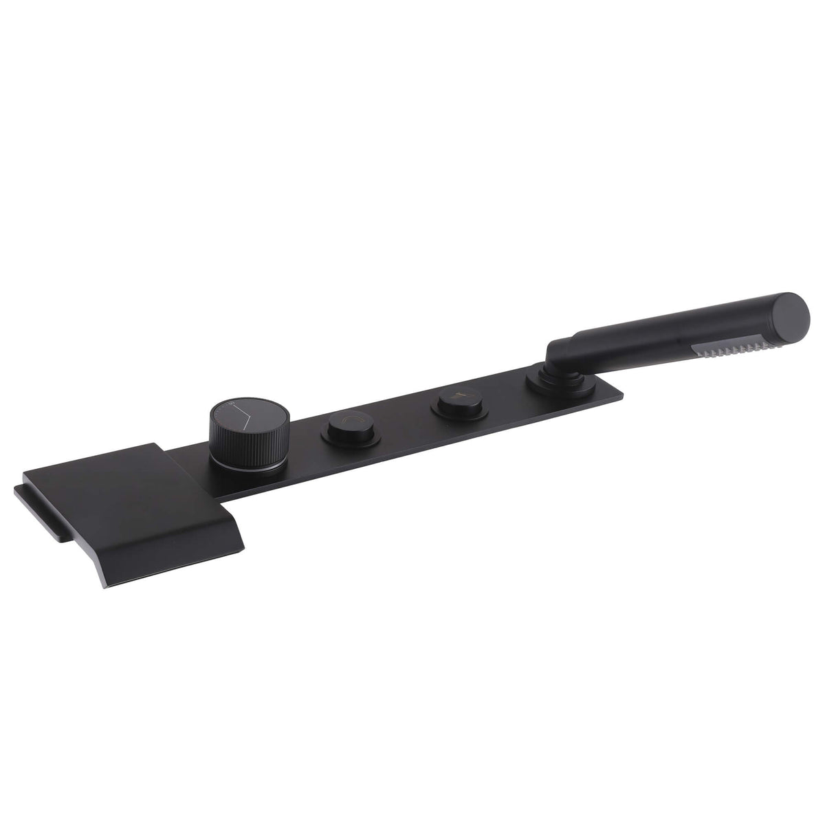 Flat Waterfall Deck-Mounted Bathtub Faucet with Textured Control Knobs and Hand Shower