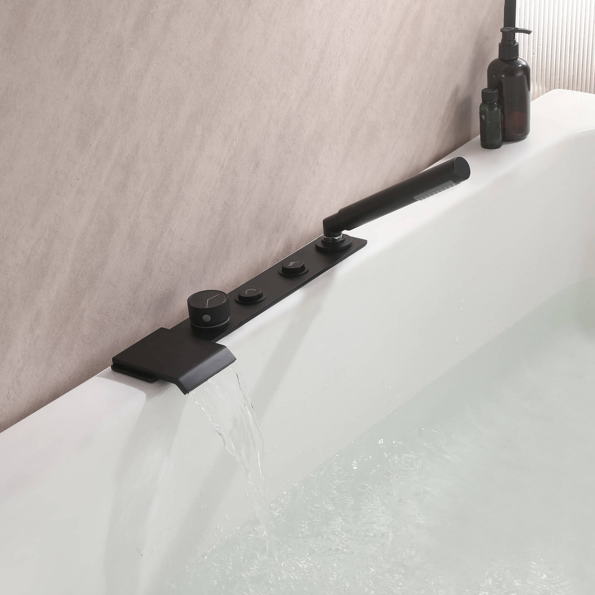 Flat Waterfall Deck-Mounted Bathtub Faucet with Textured Control Knobs and Hand Shower