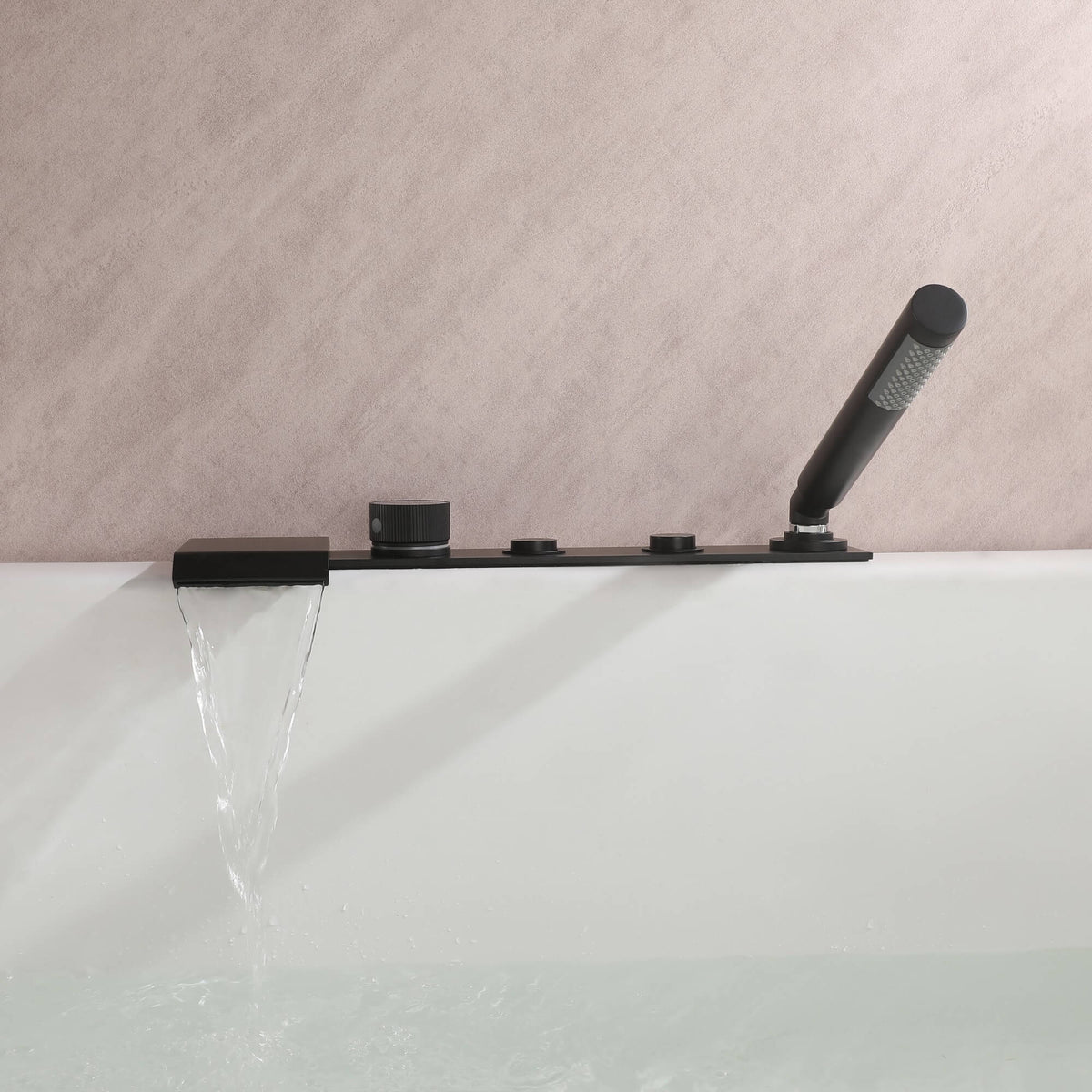 Flat Waterfall Deck-Mounted Bathtub Faucet with Textured Control Knobs and Hand Shower
