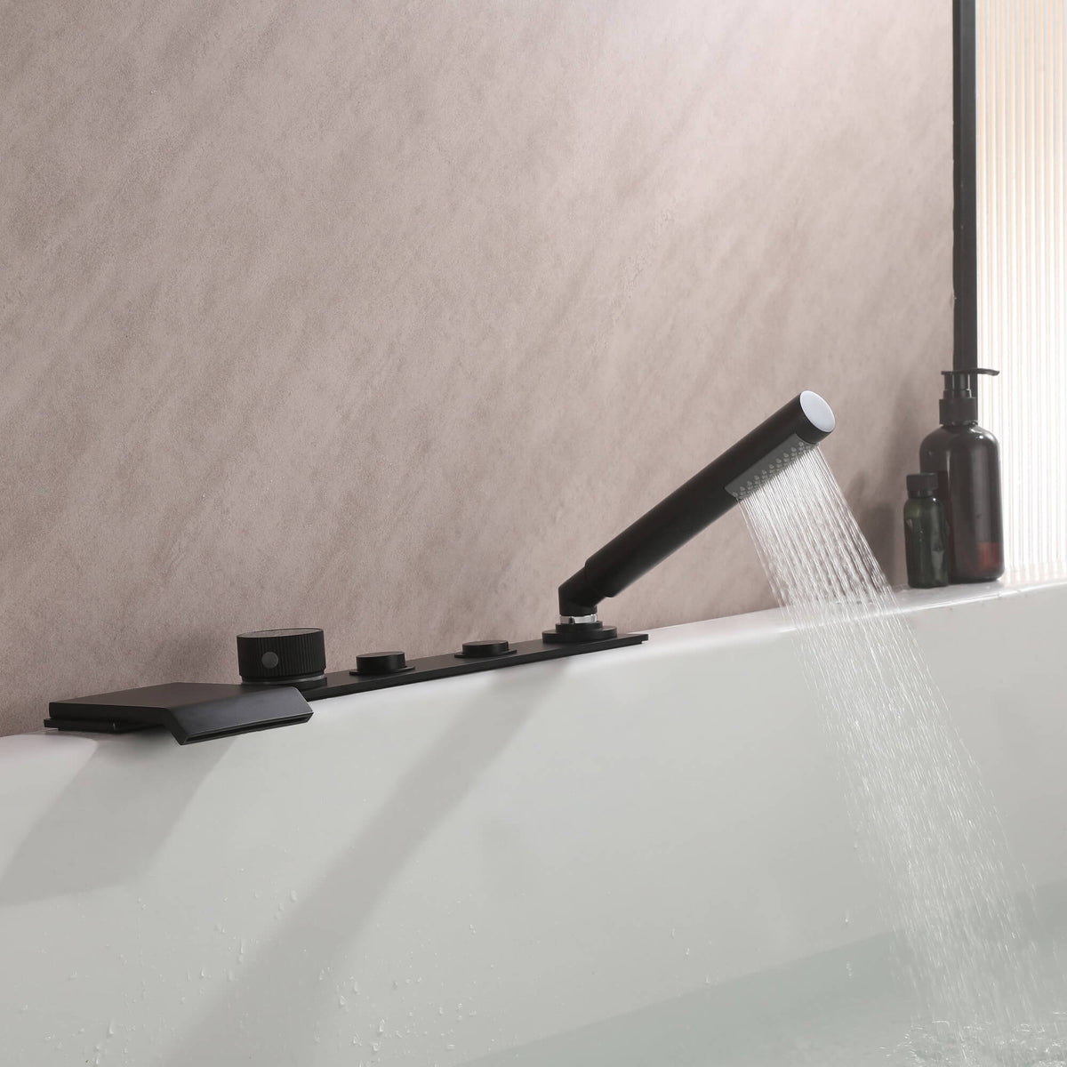 Flat Waterfall Deck-Mounted Bathtub Faucet with Textured Control Knobs and Hand Shower