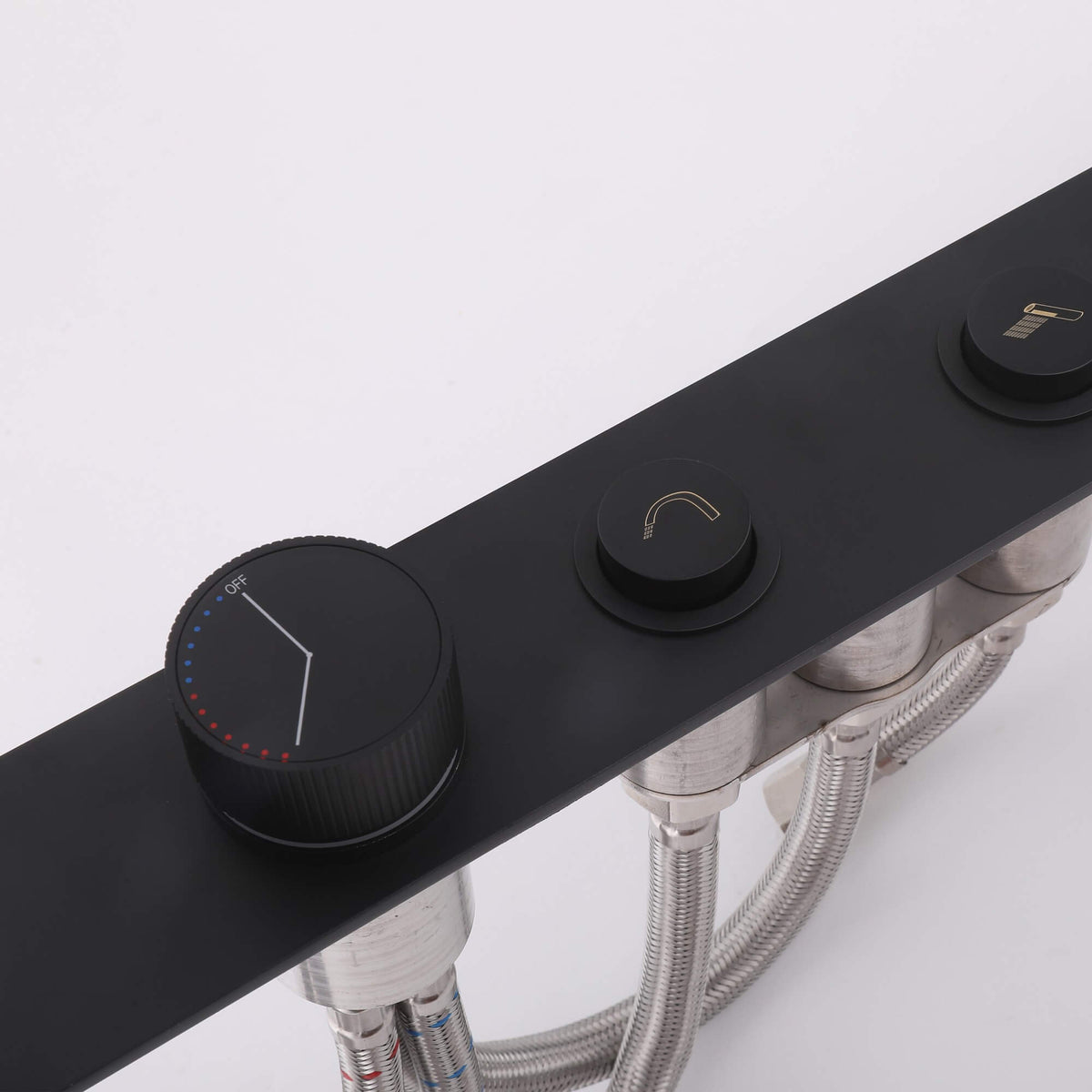 Flat Waterfall Deck-Mounted Bathtub Faucet with Textured Control Knobs and Hand Shower