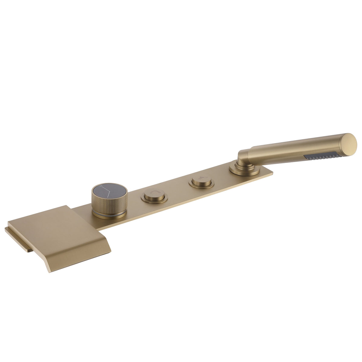 Flat Waterfall Deck-Mounted Bathtub Faucet with Textured Control Knobs and Hand Shower