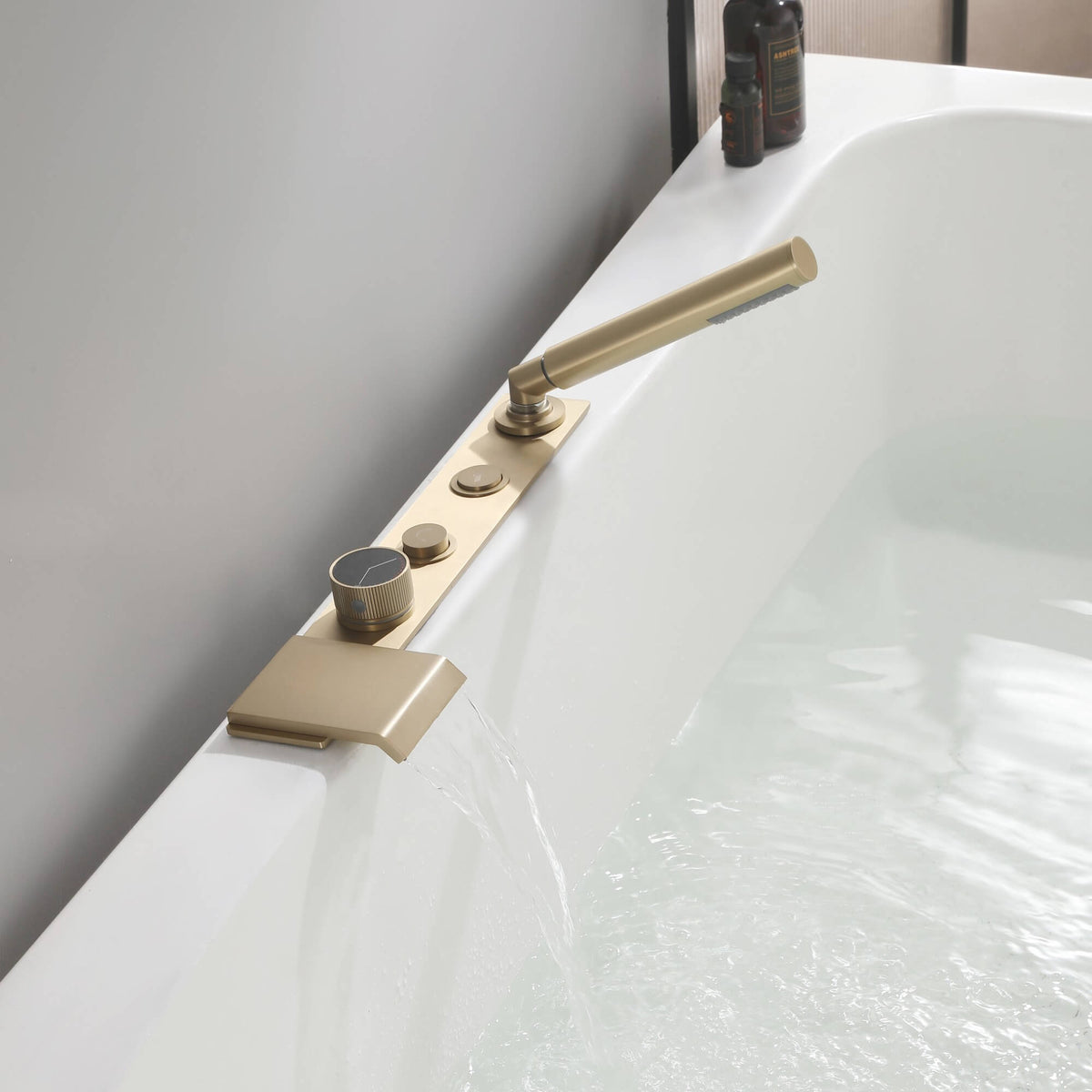 Flat Waterfall Deck-Mounted Bathtub Faucet with Textured Control Knobs and Hand Shower