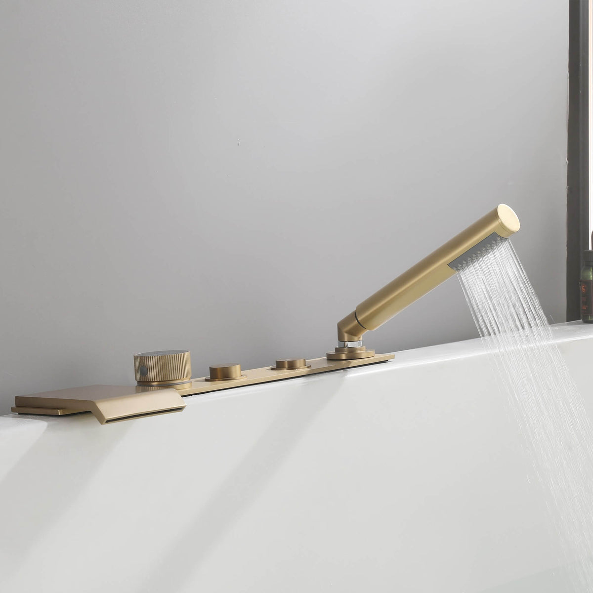 Flat Waterfall Deck-Mounted Bathtub Faucet with Textured Control Knobs and Hand Shower