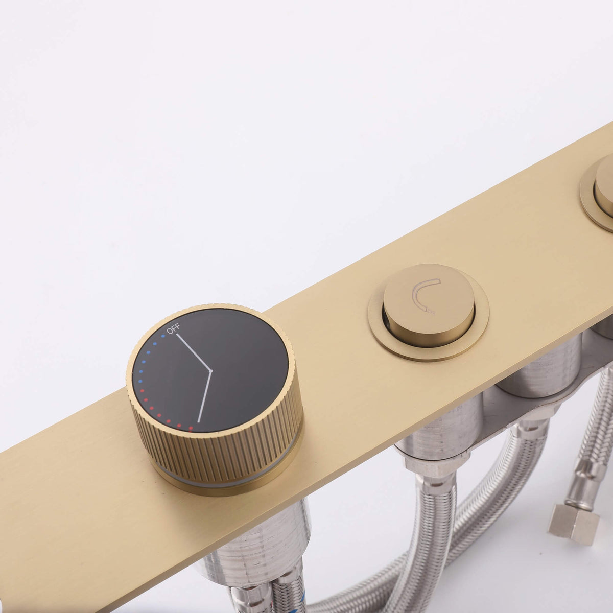Flat Waterfall Deck-Mounted Bathtub Faucet with Textured Control Knobs and Hand Shower
