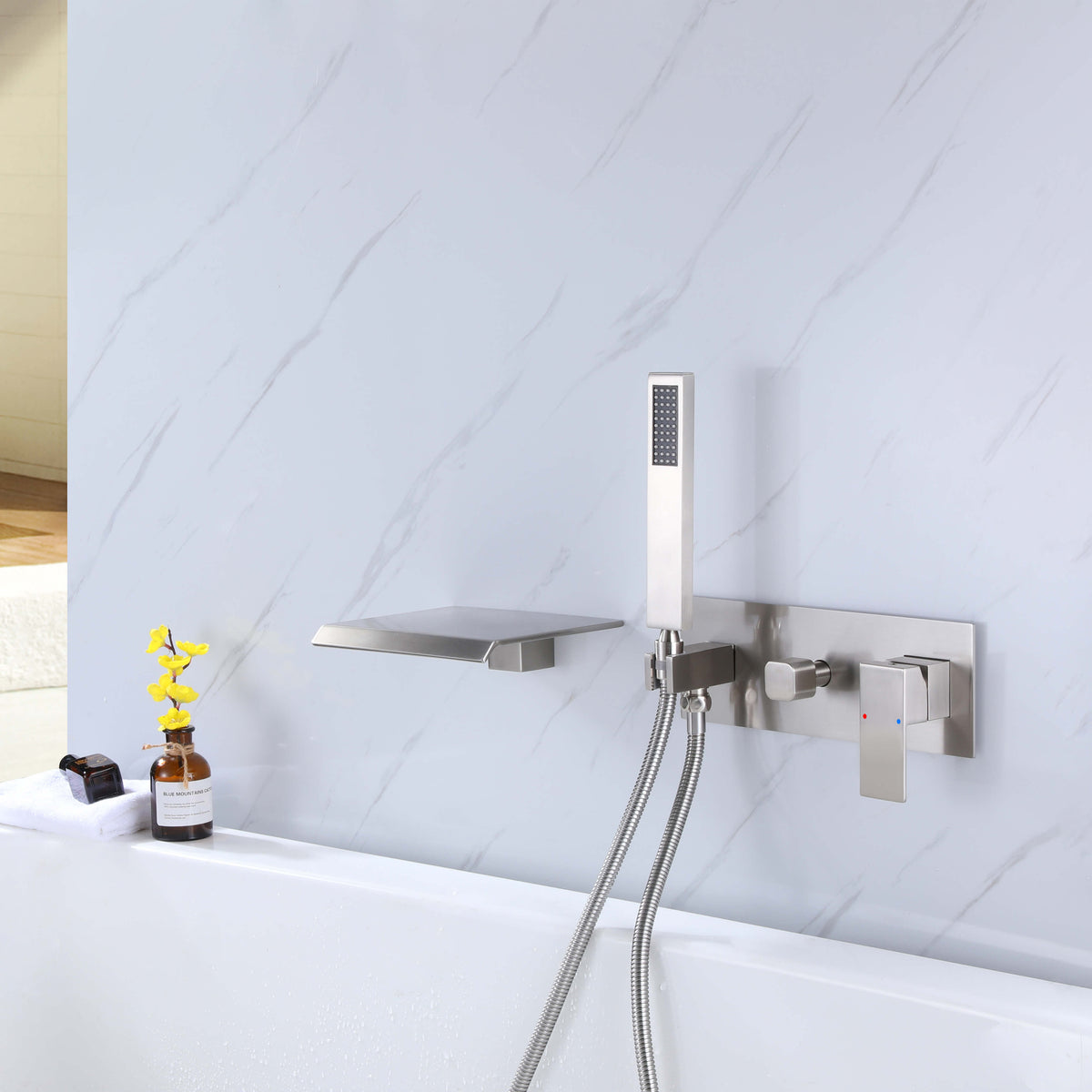 Wall-Mounted Waterfall Tub Filler with Hand Shower Solid Brass Bathtub Faucet