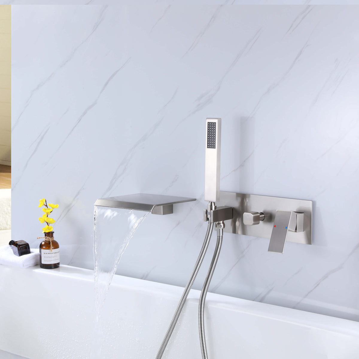 Wall-Mounted Waterfall Tub Filler with Hand Shower Solid Brass Bathtub Faucet