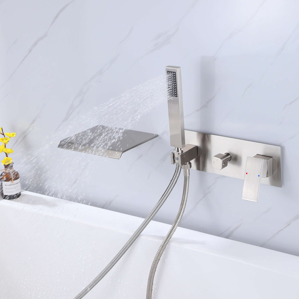 Wall-Mounted Waterfall Tub Filler with Hand Shower Solid Brass Bathtub Faucet