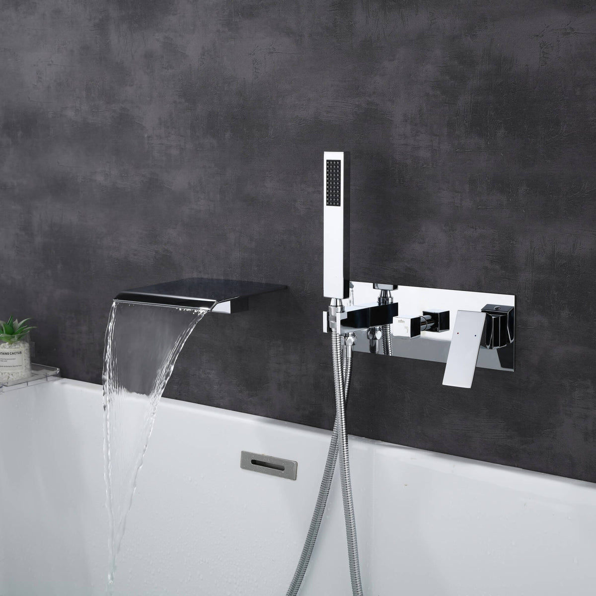 Wall-Mounted Waterfall Tub Filler with Hand Shower Solid Brass Bathtub Faucet