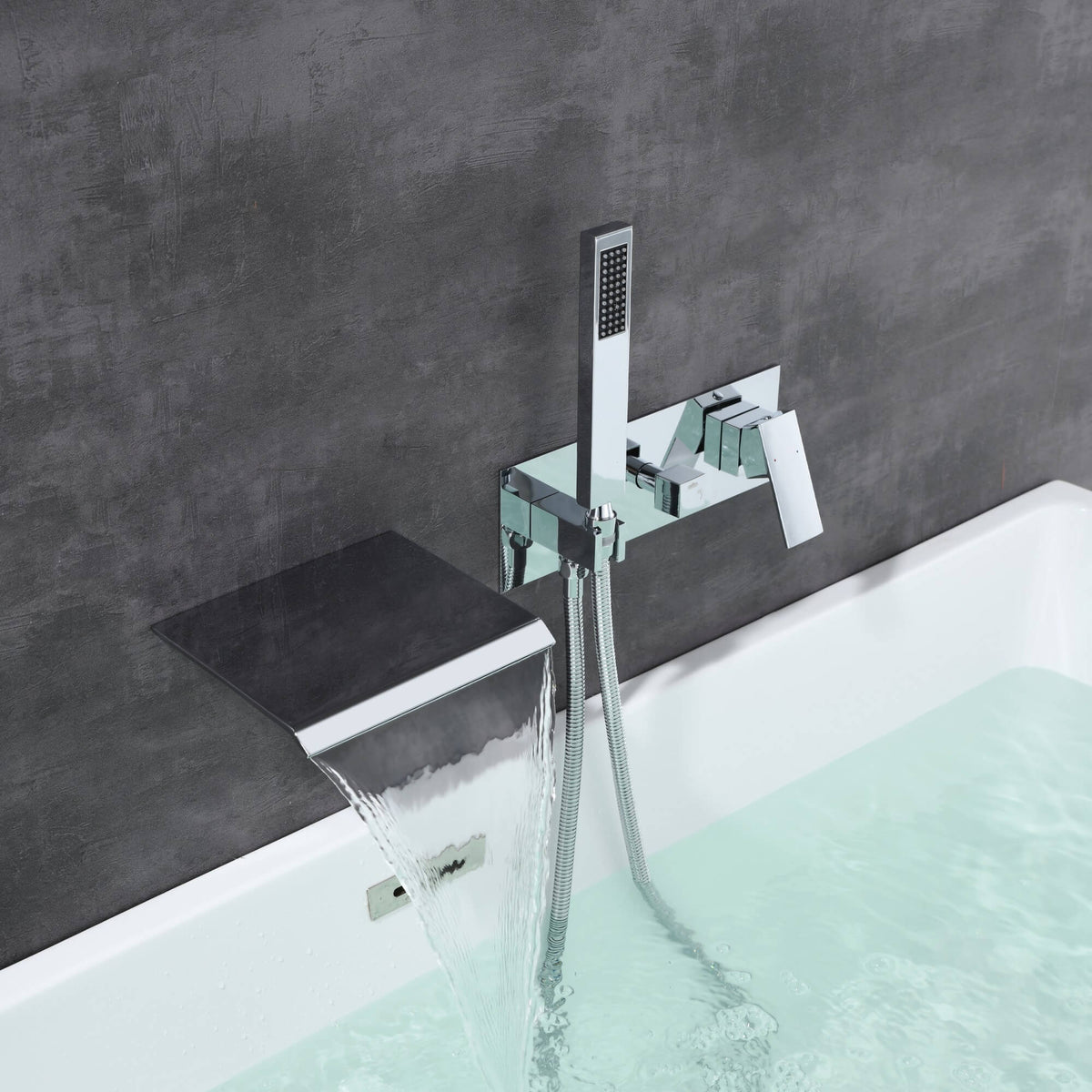 Wall-Mounted Waterfall Tub Filler with Hand Shower Solid Brass Bathtub Faucet