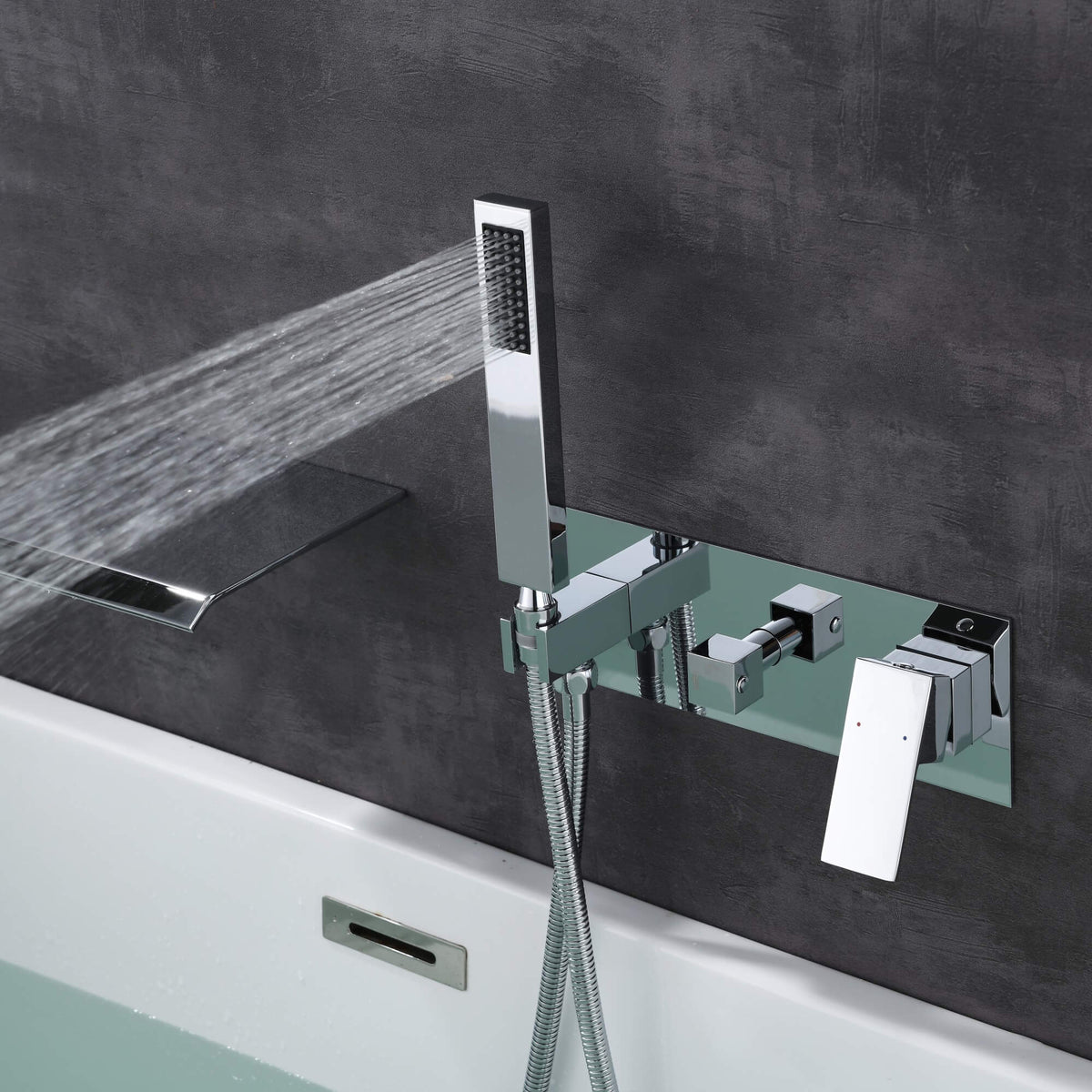 Wall-Mounted Waterfall Tub Filler with Hand Shower Solid Brass Bathtub Faucet