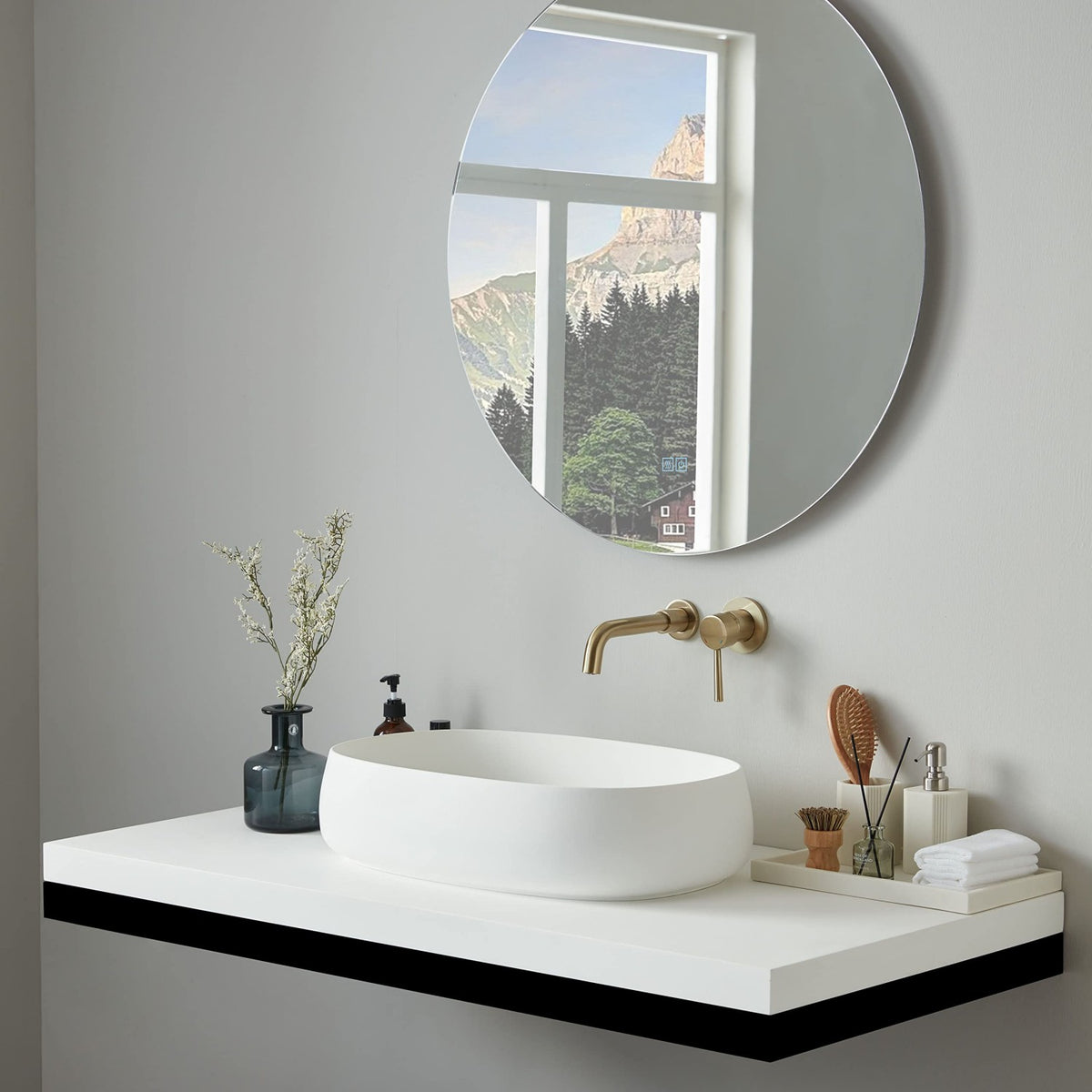 23-Inch Bathroom Oval Vessel Sink Solid Surface Stone Resin Countertop Basin with Pop-Up Drain