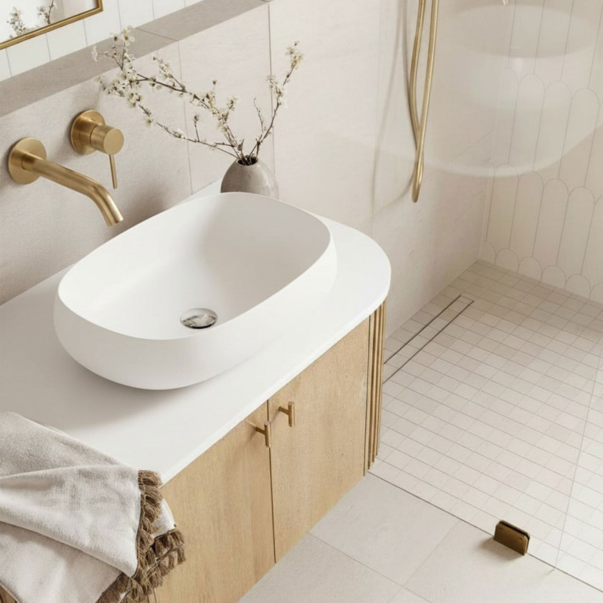 23-Inch Bathroom Oval Vessel Sink Solid Surface Stone Resin Countertop Basin with Pop-Up Drain