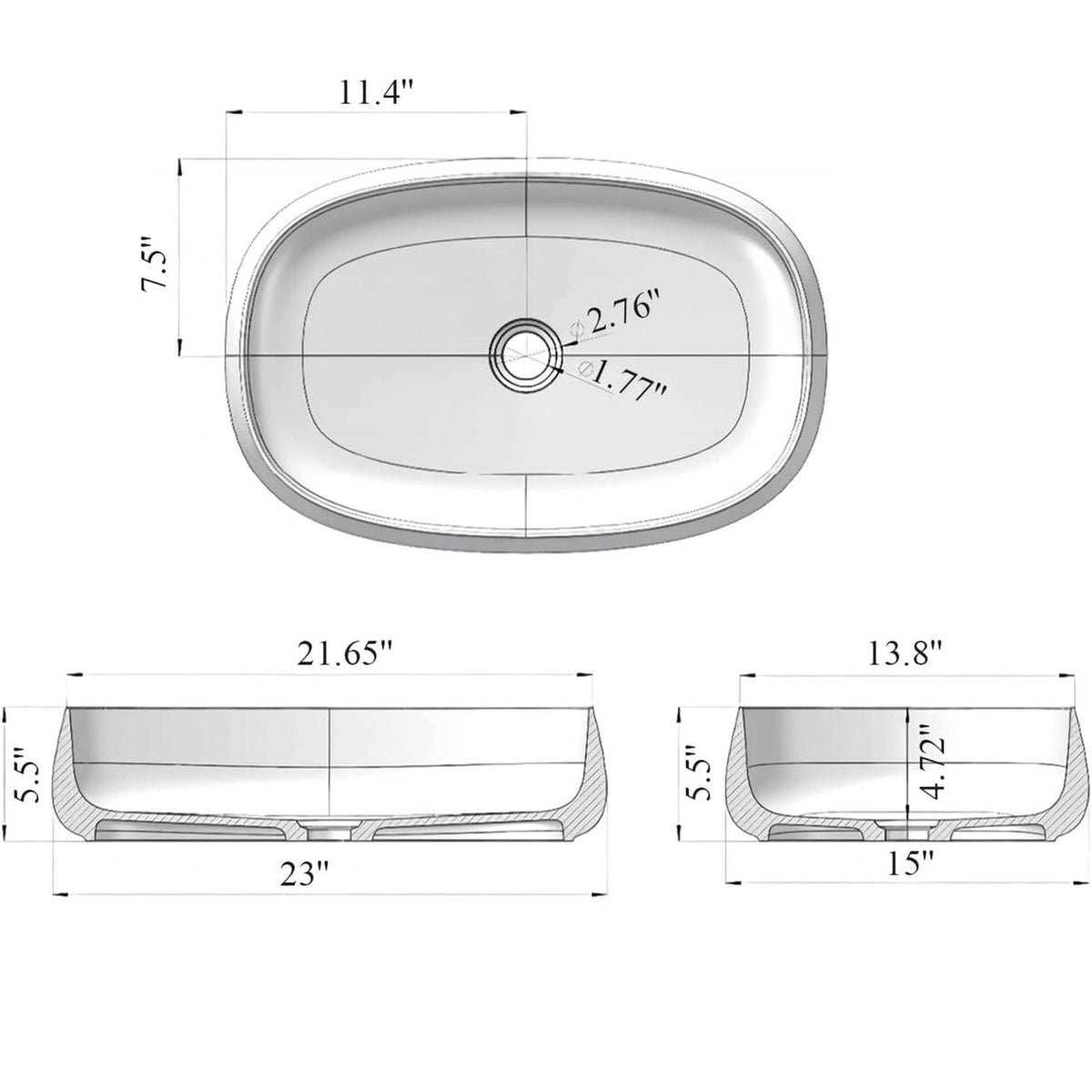 23-Inch Bathroom Oval Vessel Sink Solid Surface Stone Resin Countertop Basin with Pop-Up Drain