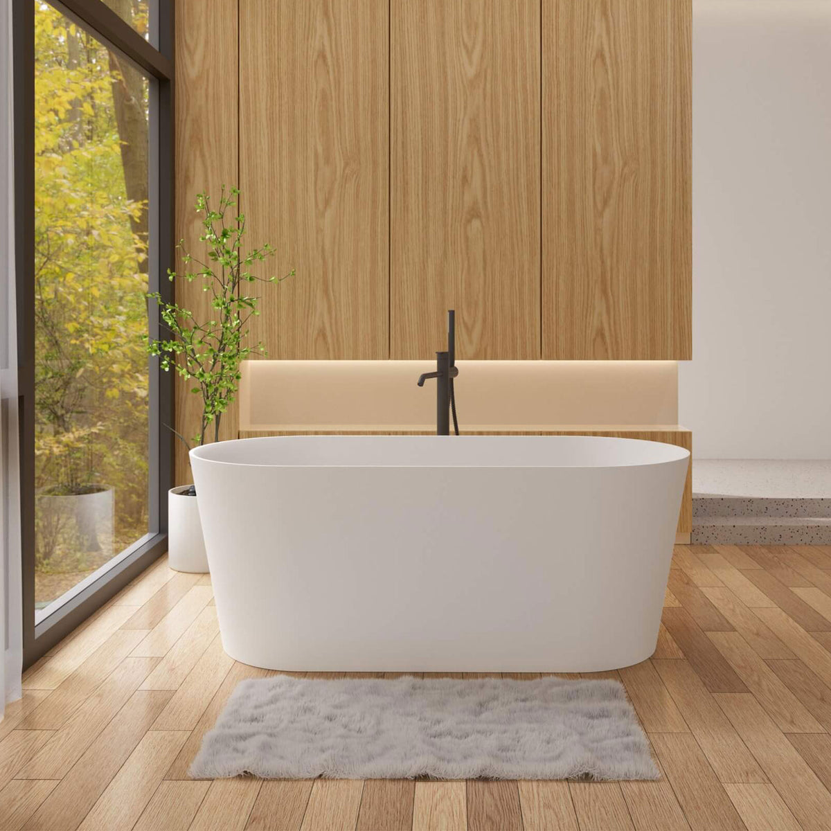 Oval Stone Resin Soaking Tub in Matte White with Drain & Overflow