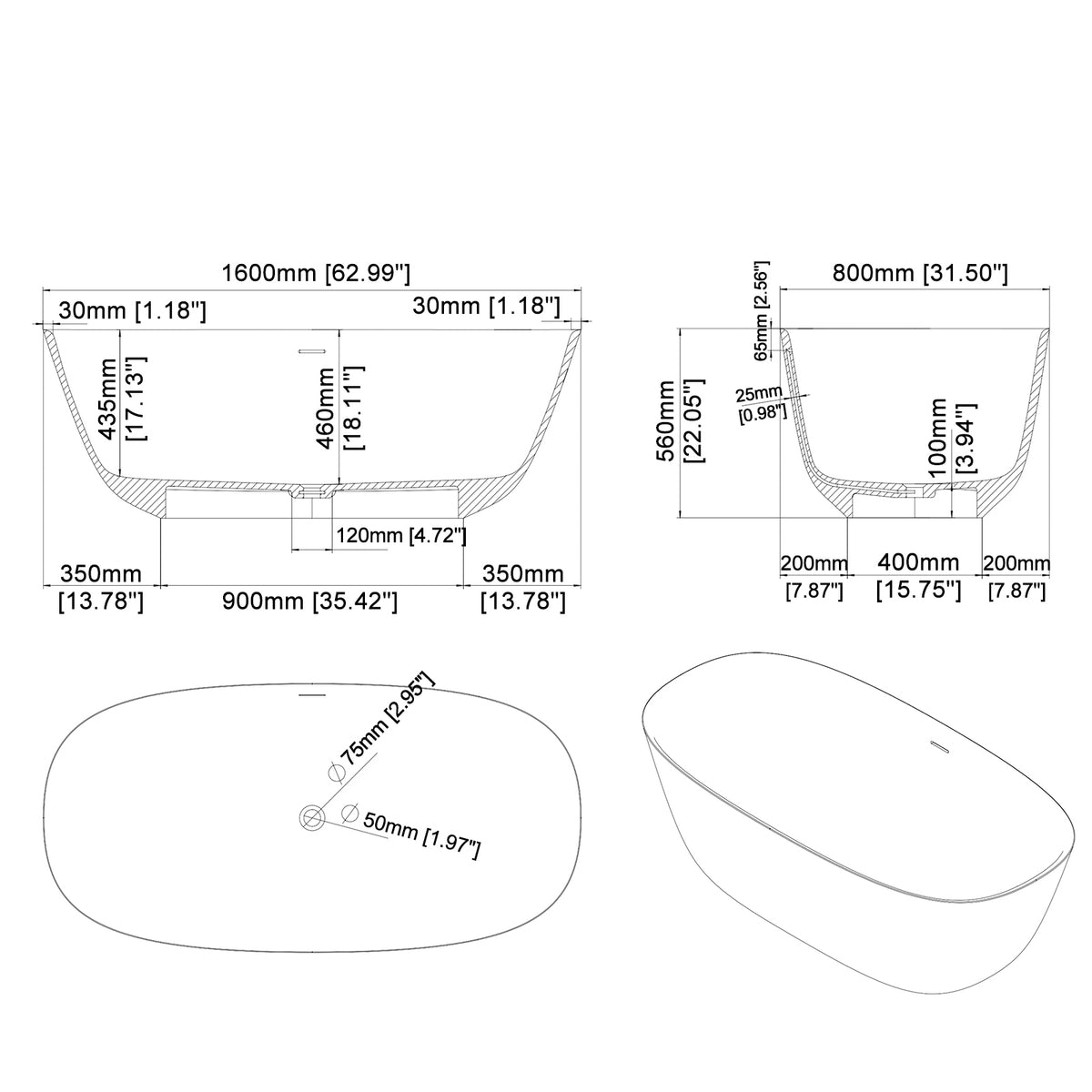 Modern Solid Surface Freestanding Soaking Bathtub with Dual Drain Covers