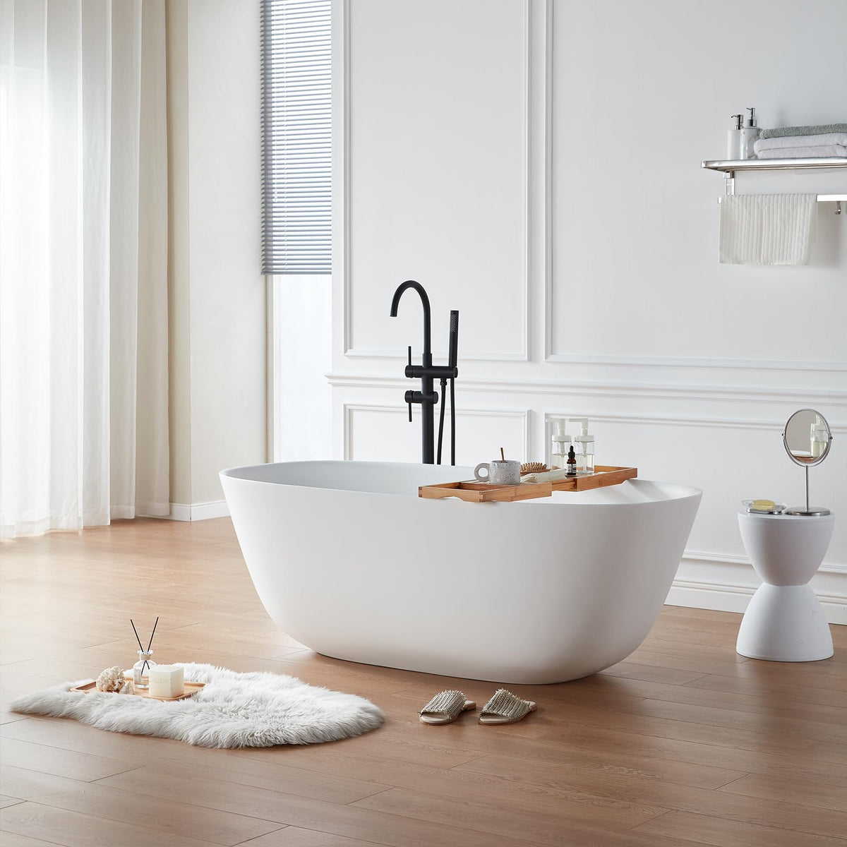 Modern Solid Surface Freestanding Soaking Bathtub with Dual Drain Covers