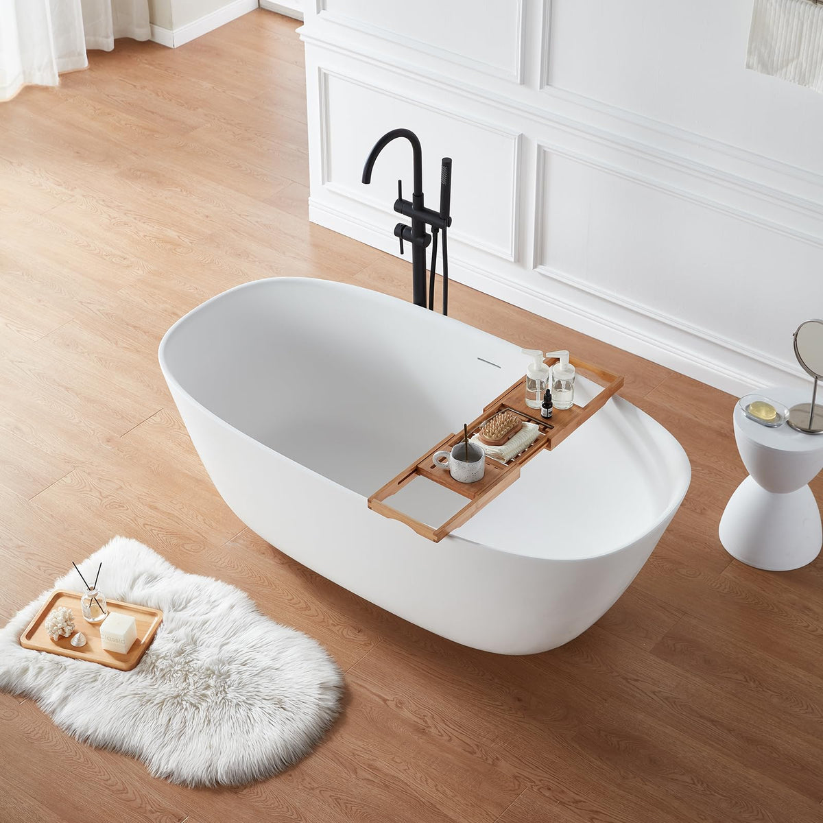 Modern Solid Surface Freestanding Soaking Bathtub with Dual Drain Covers