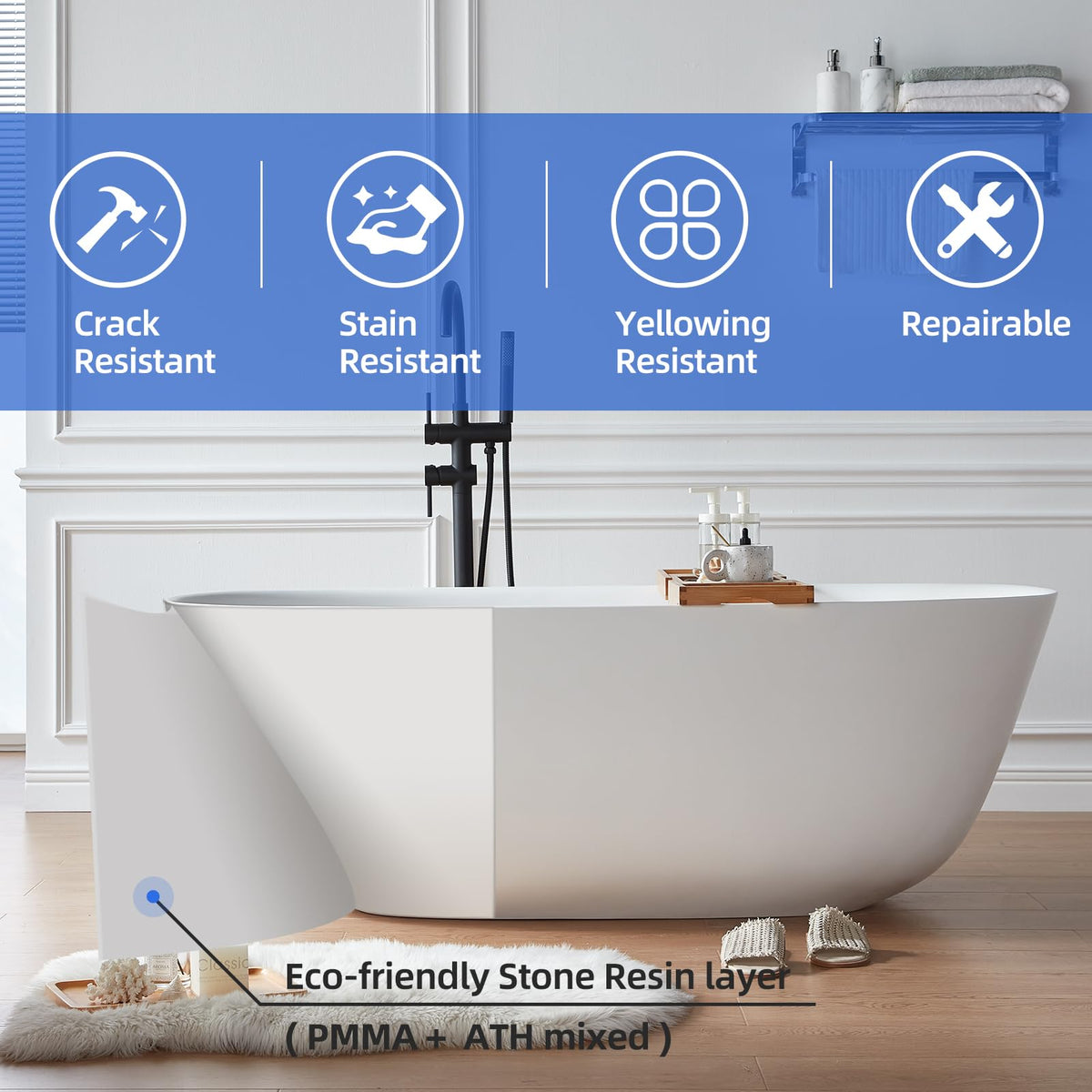 Modern Solid Surface Freestanding Soaking Bathtub with Dual Drain Covers