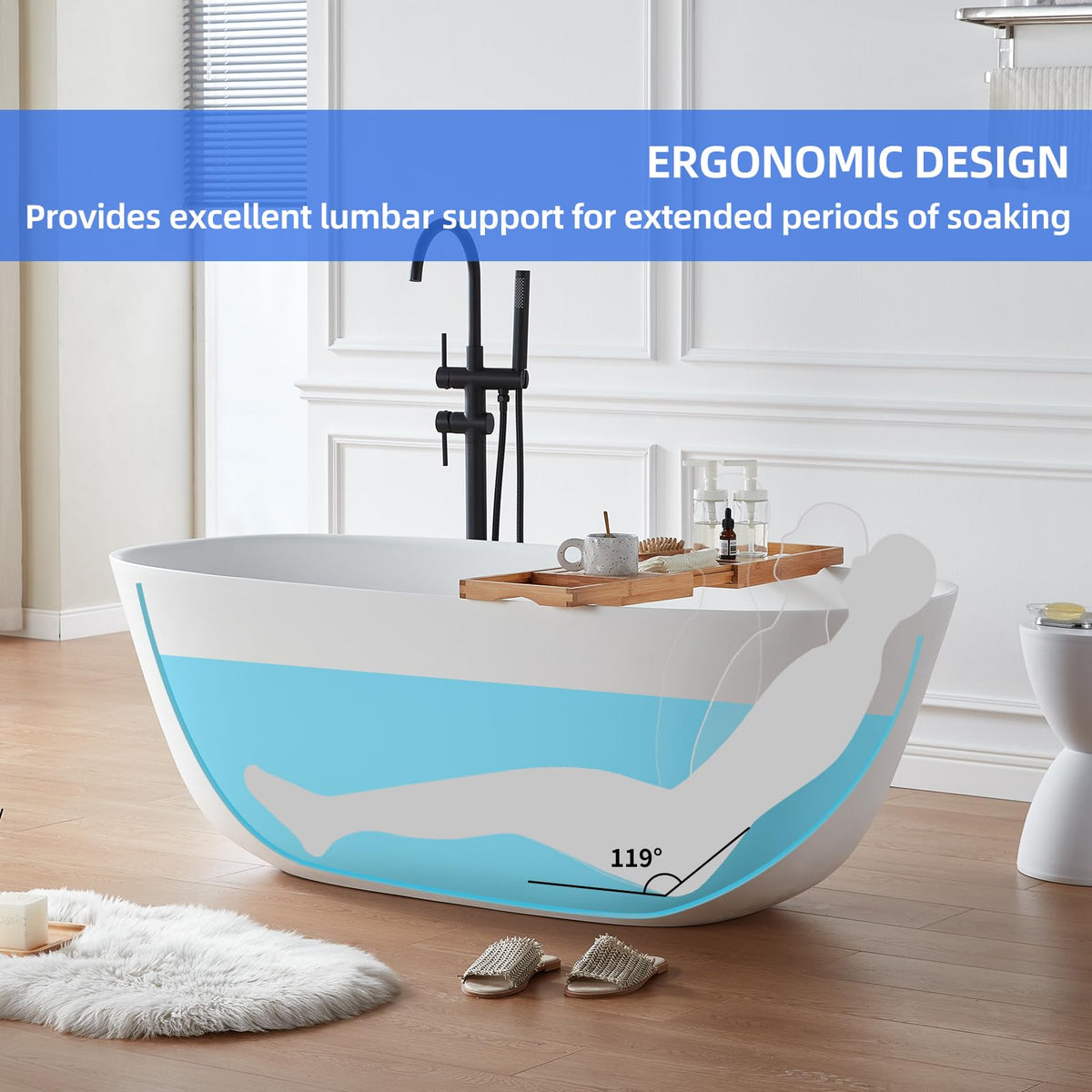 Modern Solid Surface Freestanding Soaking Bathtub with Dual Drain Covers