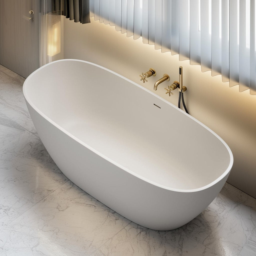 Modern Solid Surface Freestanding Soaking Bathtub with Dual Drain Covers