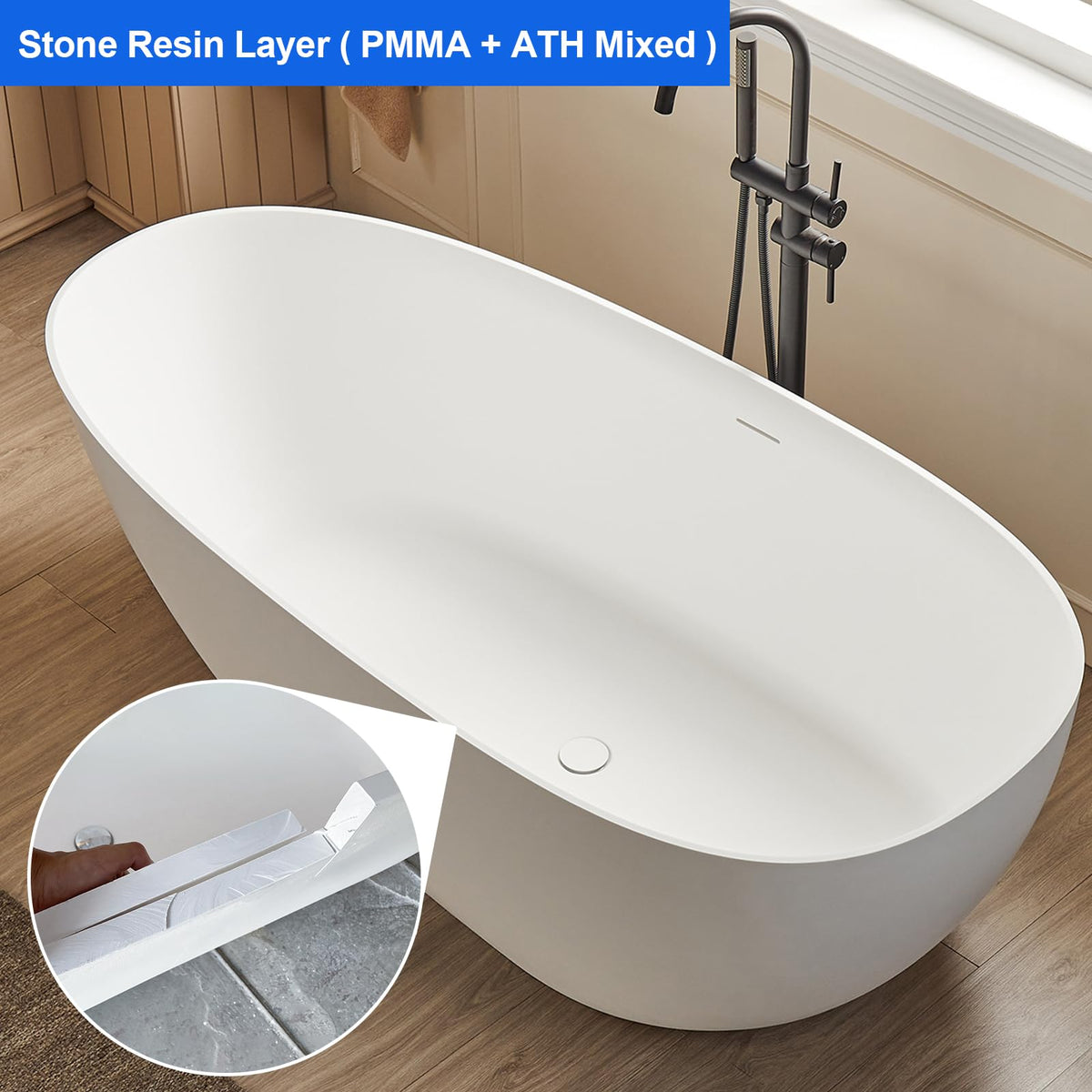 Slip-Resistant Stone Resin Freestanding Soaking Bathtub