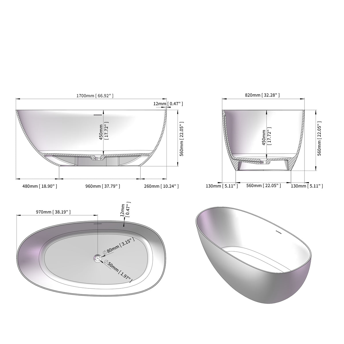 Slip-Resistant Stone Resin Freestanding Soaking Bathtub