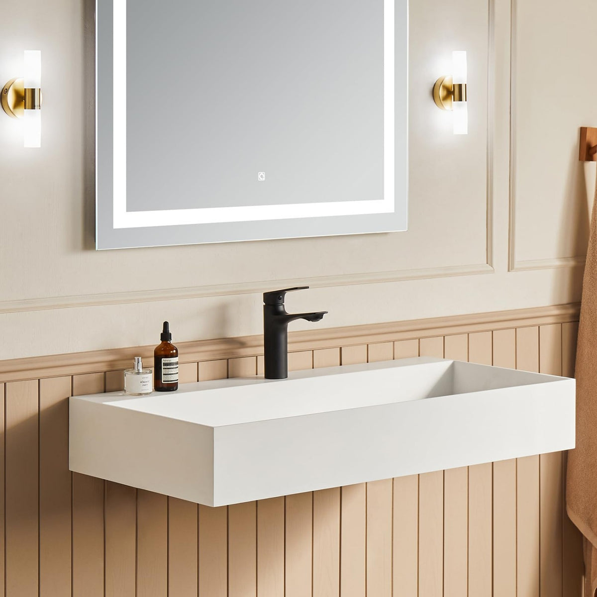 Matte White Wall-Mounted Bathroom Sink Stone Resin Rectangular Basin with Drain