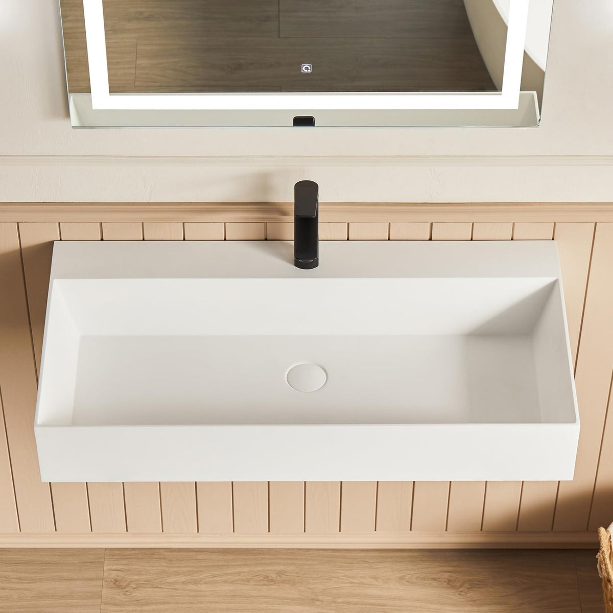 Matte White Wall-Mounted Bathroom Sink Stone Resin Rectangular Basin with Drain